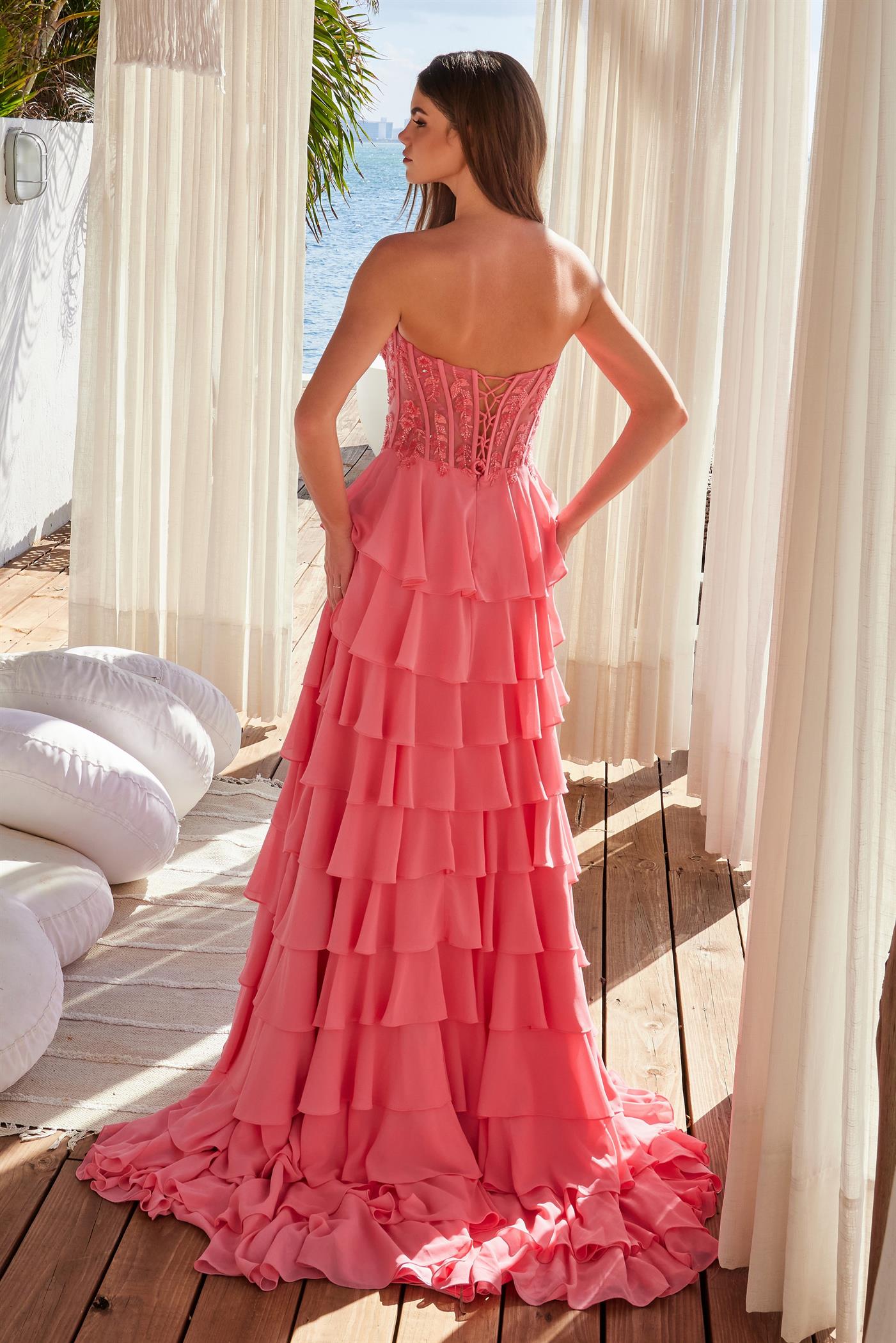 ROIMATA pink strapless prom gown with frilly layered tulle and lace-up back. Brisbane to Gold Coast, Australia.
