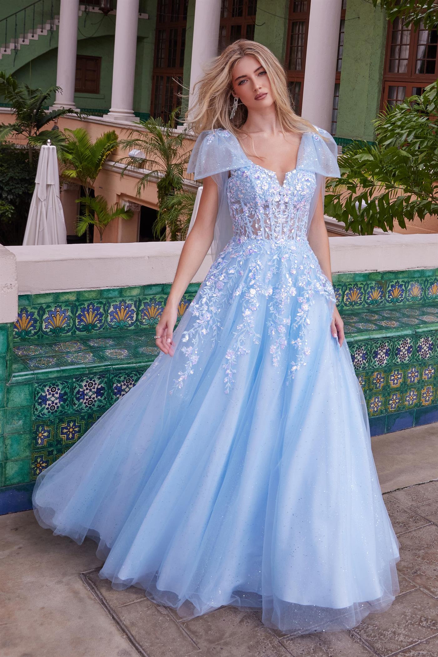 DIPIA Embellished Tulle Glitter Bow A Line Prom Dress with floral lace bodice, Brisbane to Gold Coast.