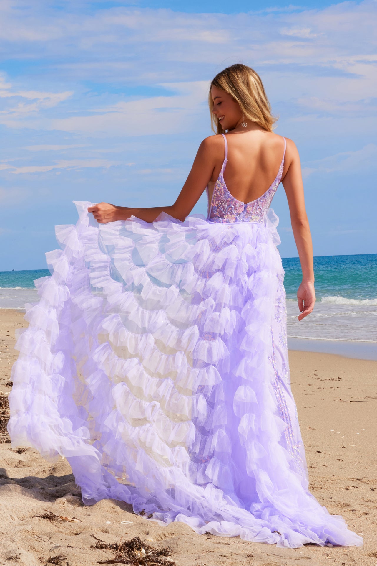 TIARE Sequin & Tulle Appliqué Prom & Formal Dress with ruffled skirt, open back beach photoshoot. Brisbane to Gold Coast, Australia.