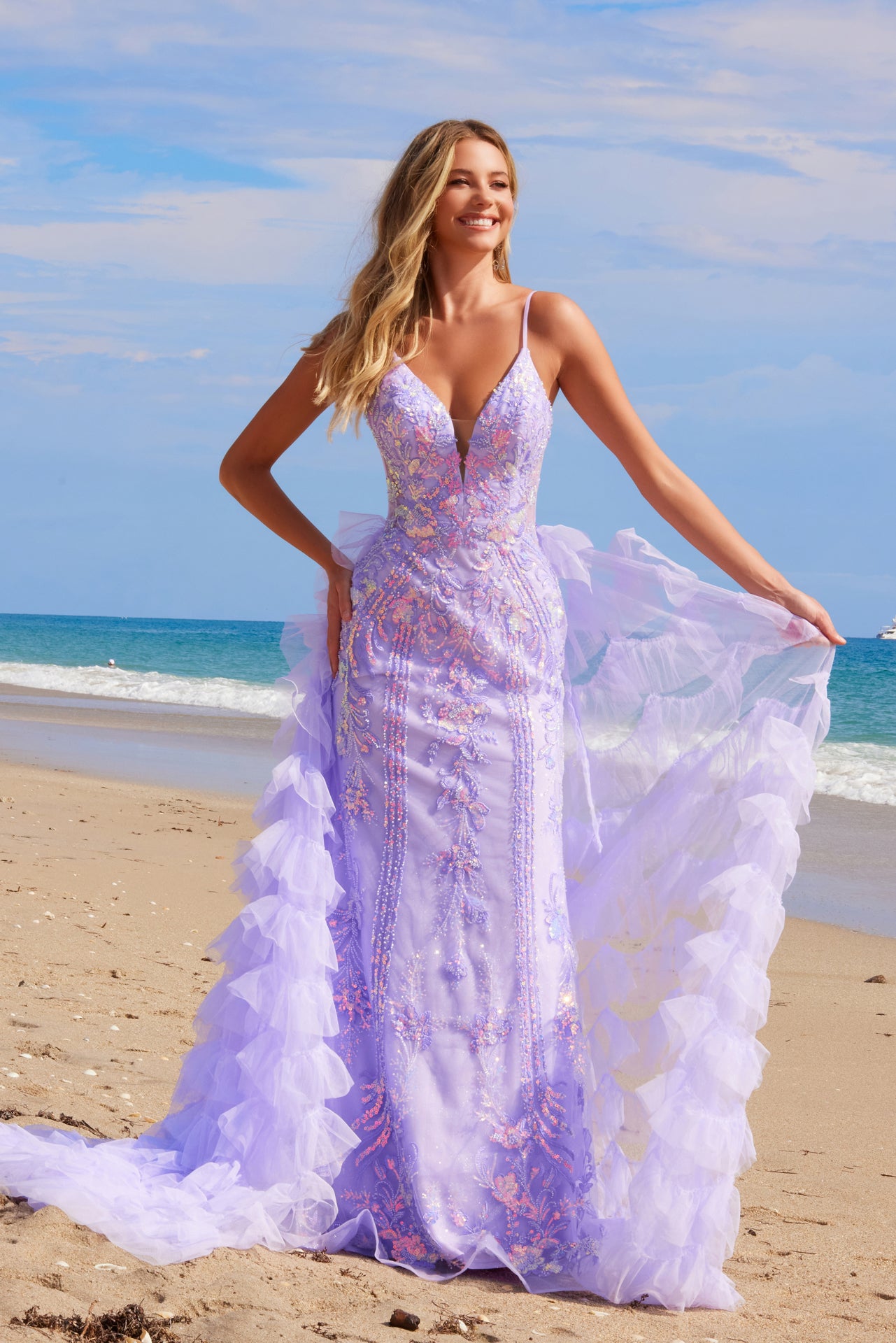 TIARE Sequin & Tulle Appliqué Prom & Formal Dress featuring a lavender tulle train and sequin detailing, ideal for proms and galas. Brisbane to Gold Coast.