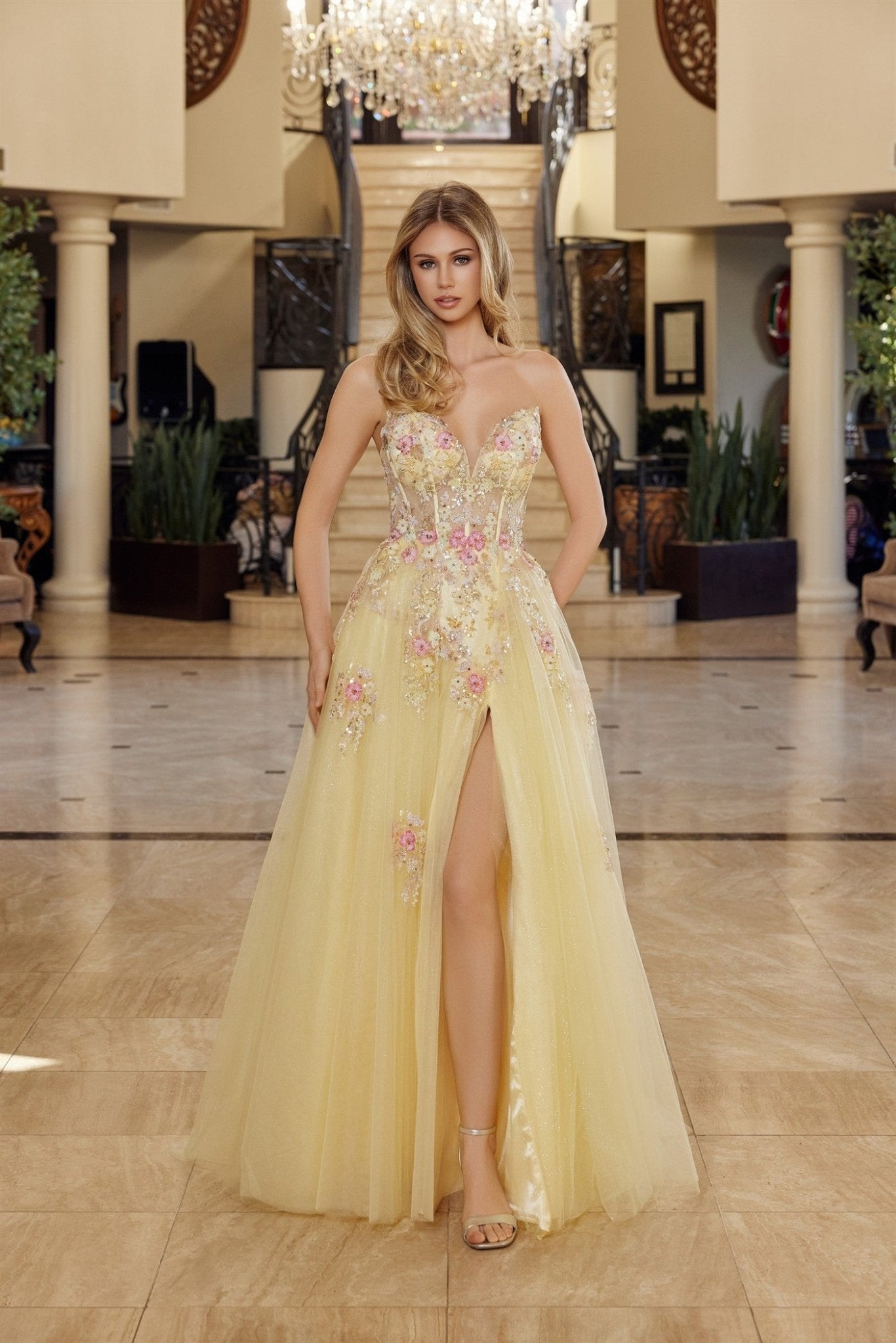 ENITAN Tulle Sequin Plunge Boned Corset Fit & Flare Prom & School Formal Dress Yellow / 10 USA ENITAN Tulle Sequin Plunge Boned Corset Fit & Flare Prom & School Formal Dress Yellow / 10 USA