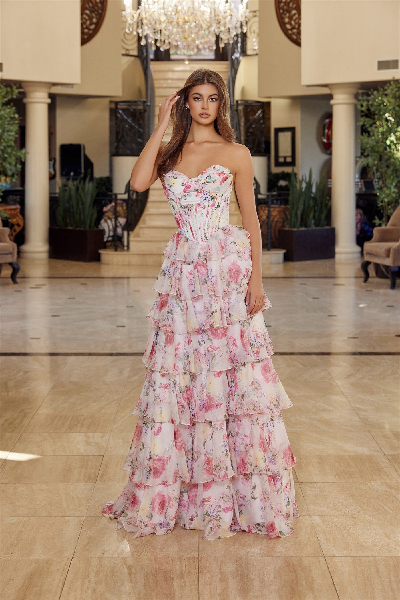 ROSITIA Floral Print Sweetheart Boned Waist A-Line Gown Prom & School Formal Dress