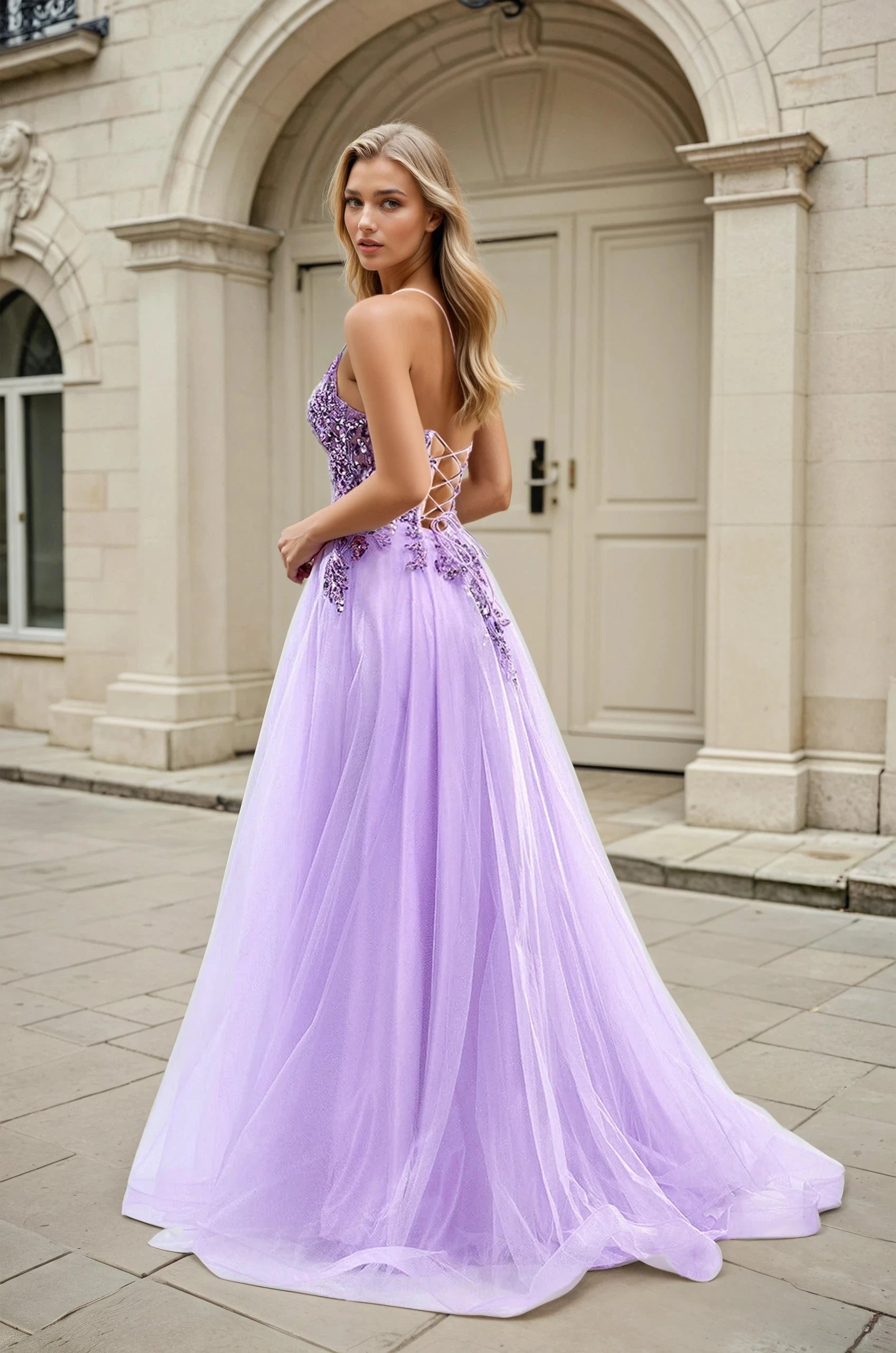 Woman in Honey Couture NOVINE Sequin & Glitter Mesh Tulle Formal Dress, purple A-line designer prom gown by Australian Formal Store.