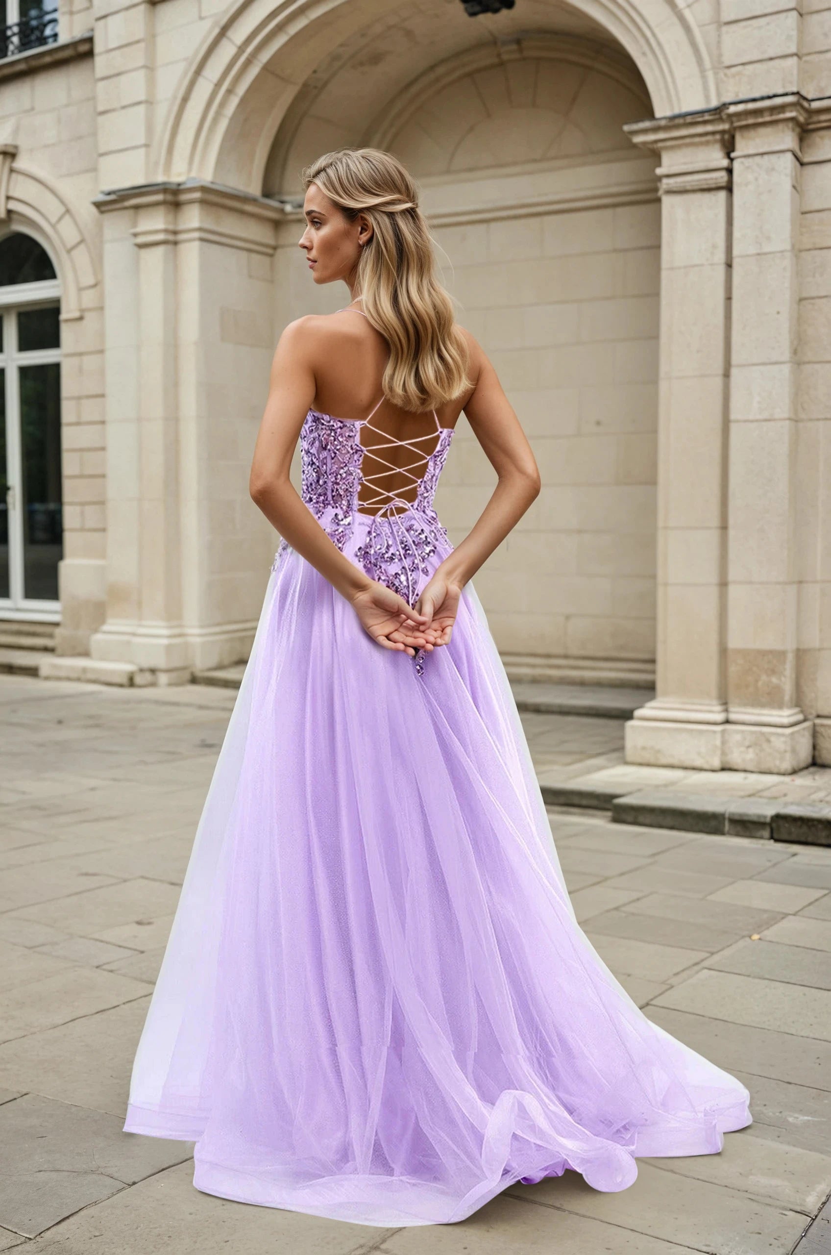 Model in Honey Couture NOVINE Sequin & Glitter Mesh Tulle Formal Dress, featuring a lace-up back, lace appliqué, and layered tulle skirt. Designer prom gown.
