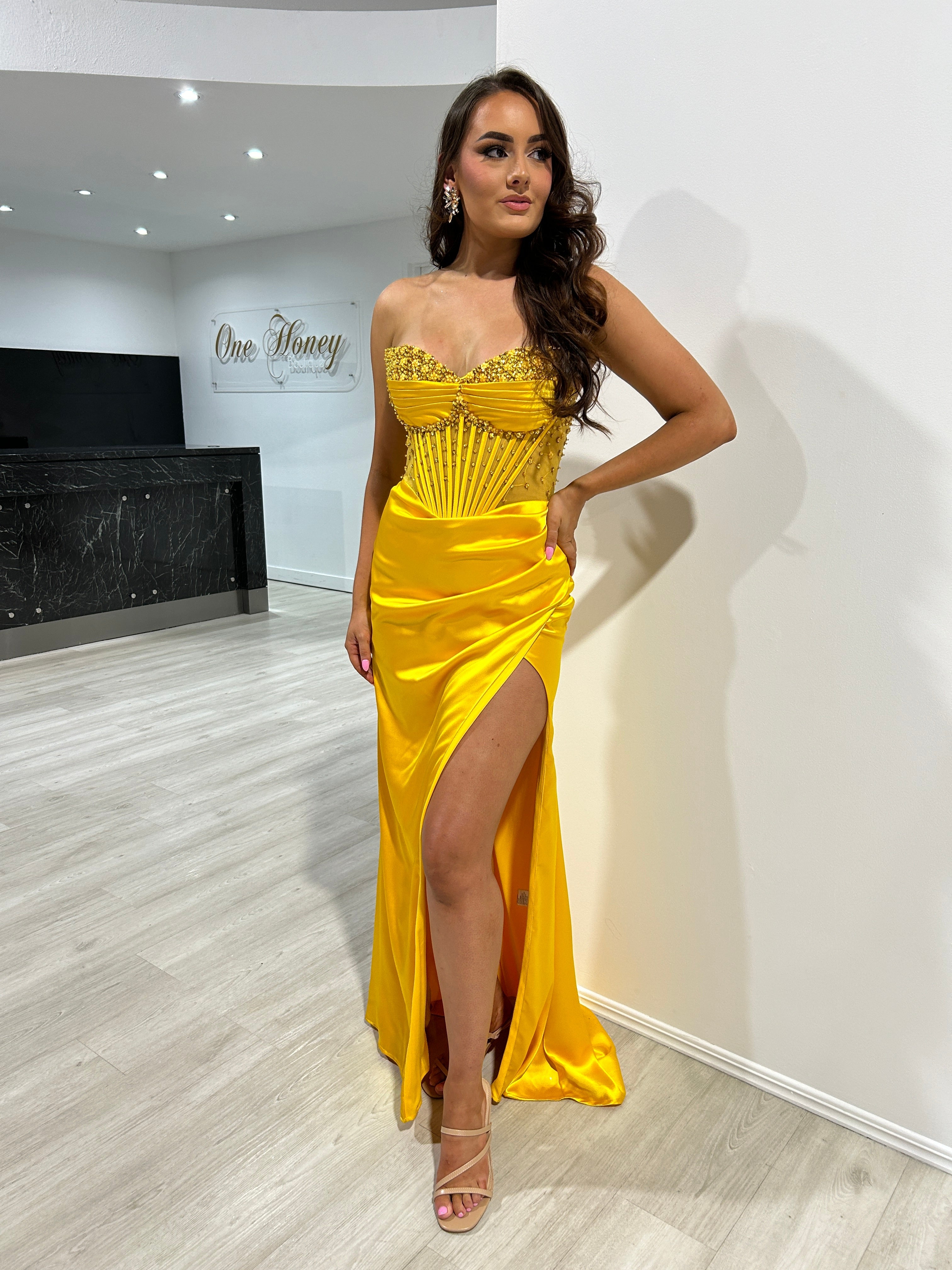 ALIX Strapless Satin Diamanté Detail Corset Bustier with pleated satin cups, evening gown. Brisbane to Gold Coast, Australia.