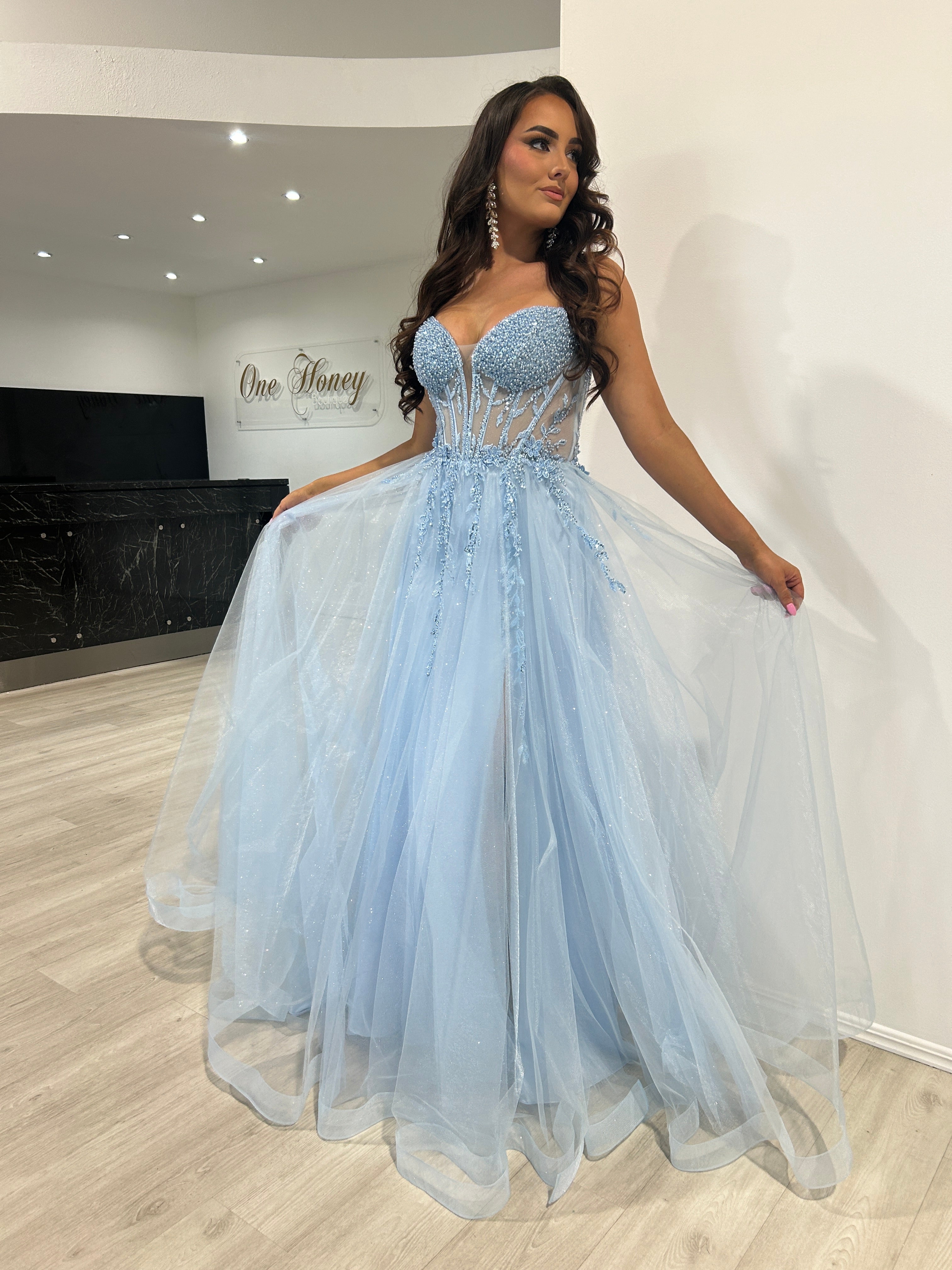 YZMA Strapless Bustier Tulle A-Line Formal Dress with beaded bodice and plunging neckline, evening gown. Brisbane to Gold Coast.