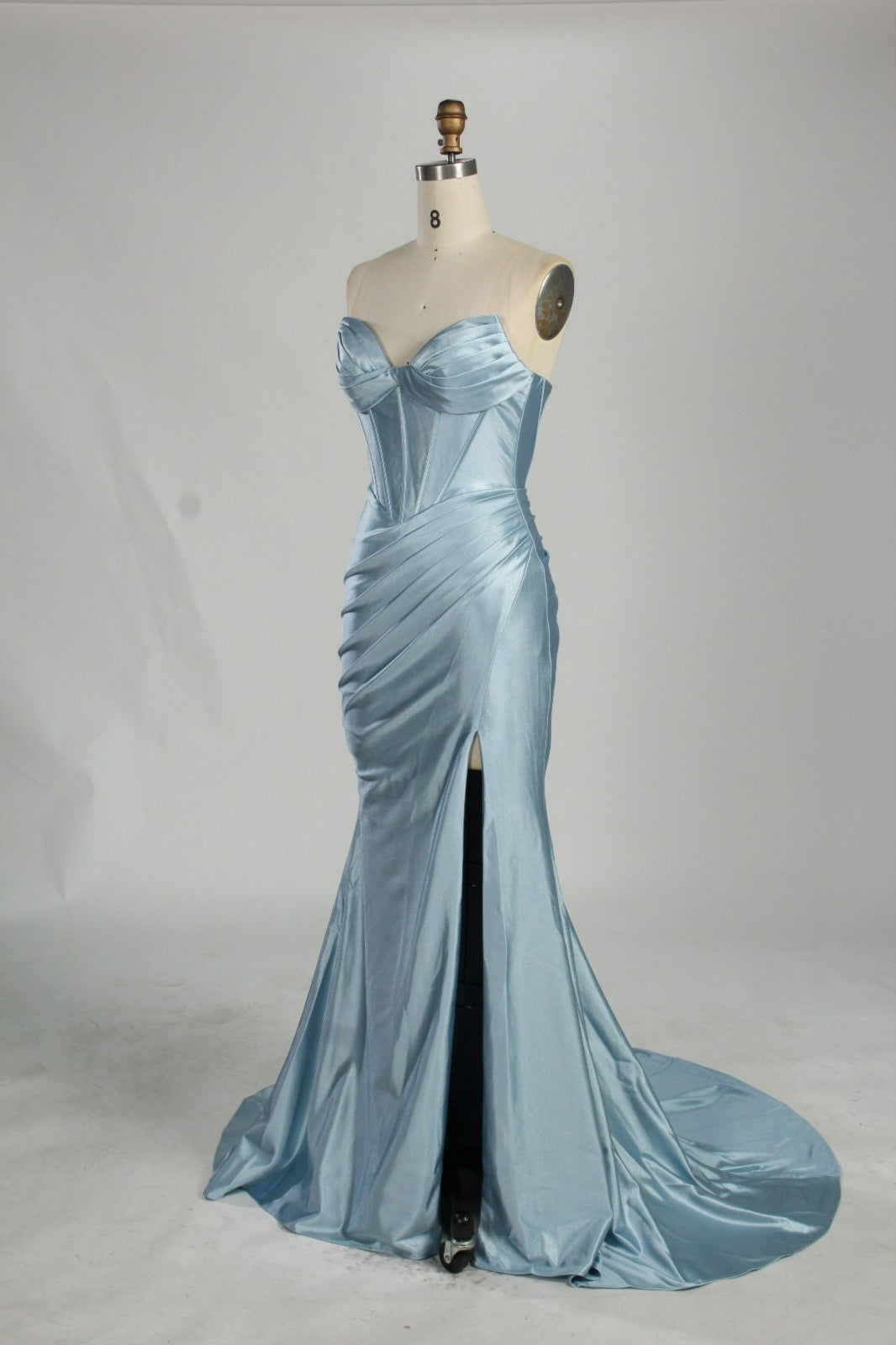 Honey Couture NOLANI designer satin boned bustier mermaid prom dress in blue, featuring a thigh-high split from Australian formal store.