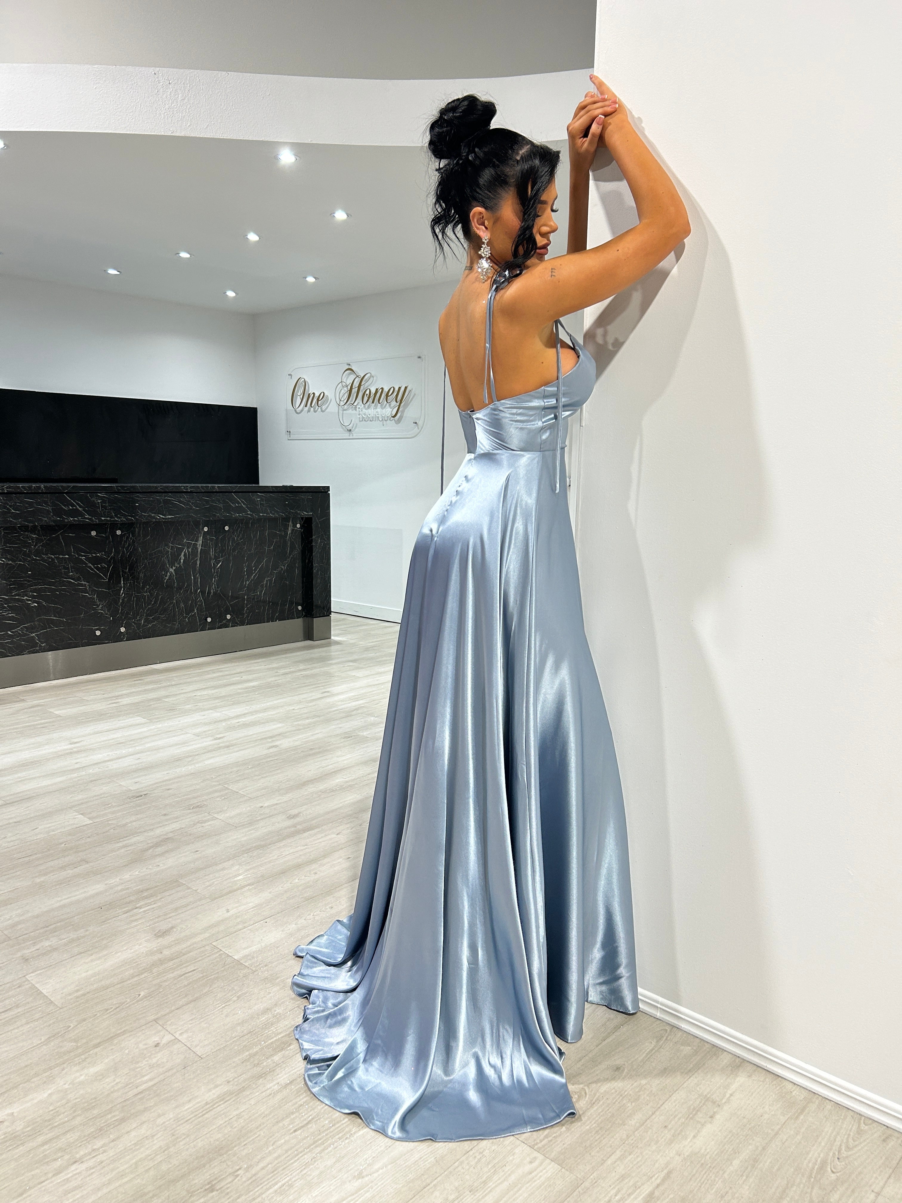 XENA Silky Tie Up A-Line Formal Dress with flowing fabric and adjustable spaghetti ties, perfect for formal events. Brisbane to Gold Coast.