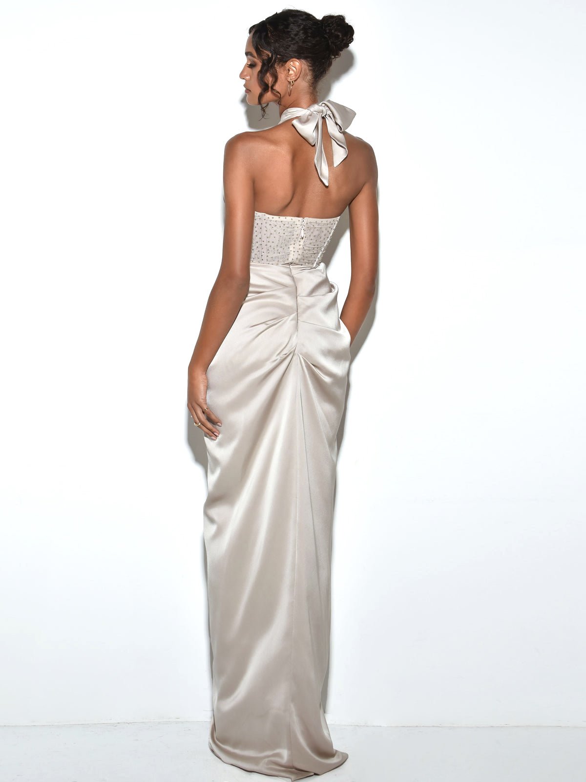 MC Chic NOEMIE Champagne Satin Cross Halter Corset Bustier Leg Split Formal Dress in Australia | One Honey Boutique