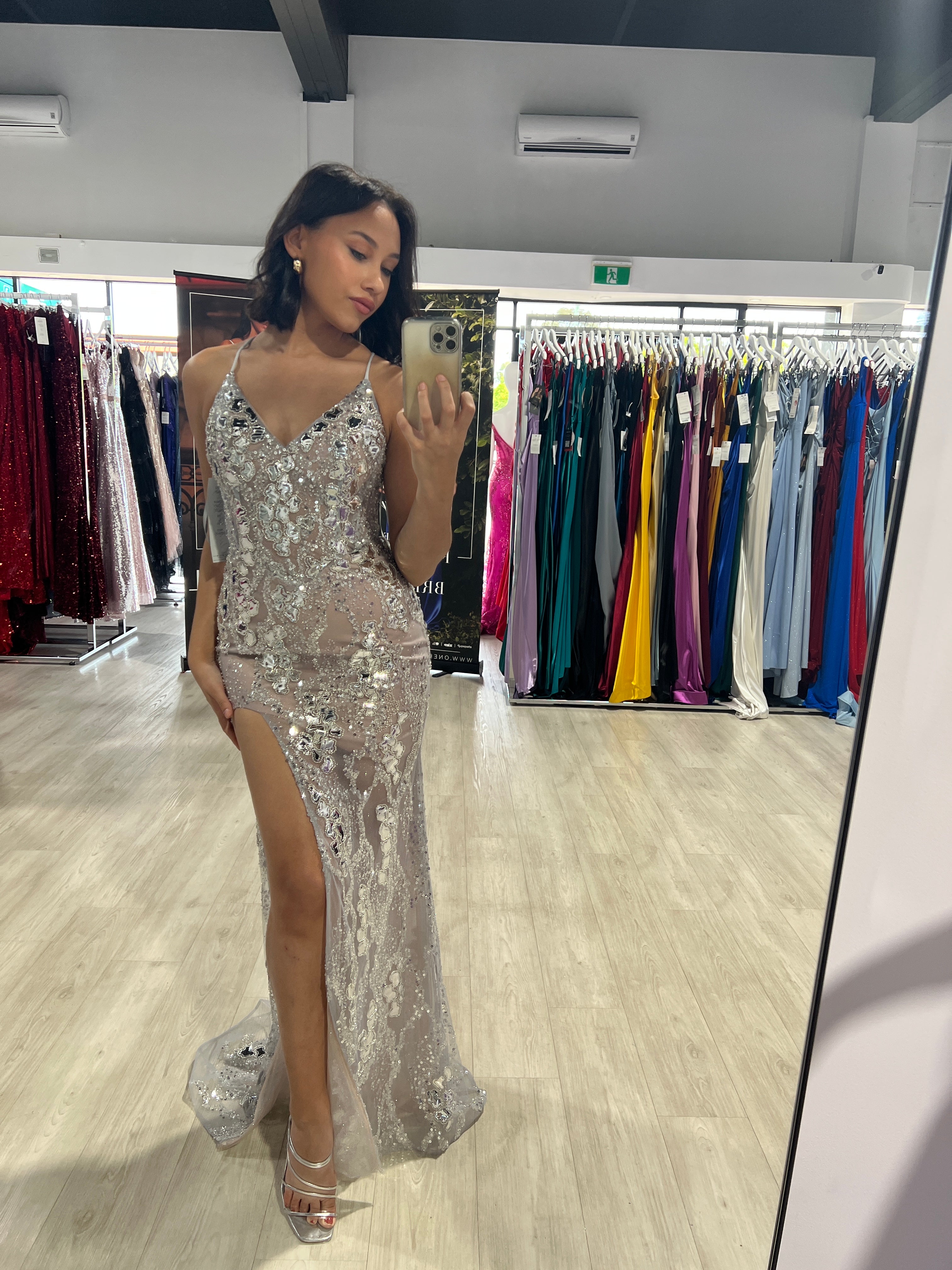 CORA sheer mesh mermaid gown with mirrored appliqués and side slit, perfect formal dress, Brisbane to Gold Coast.