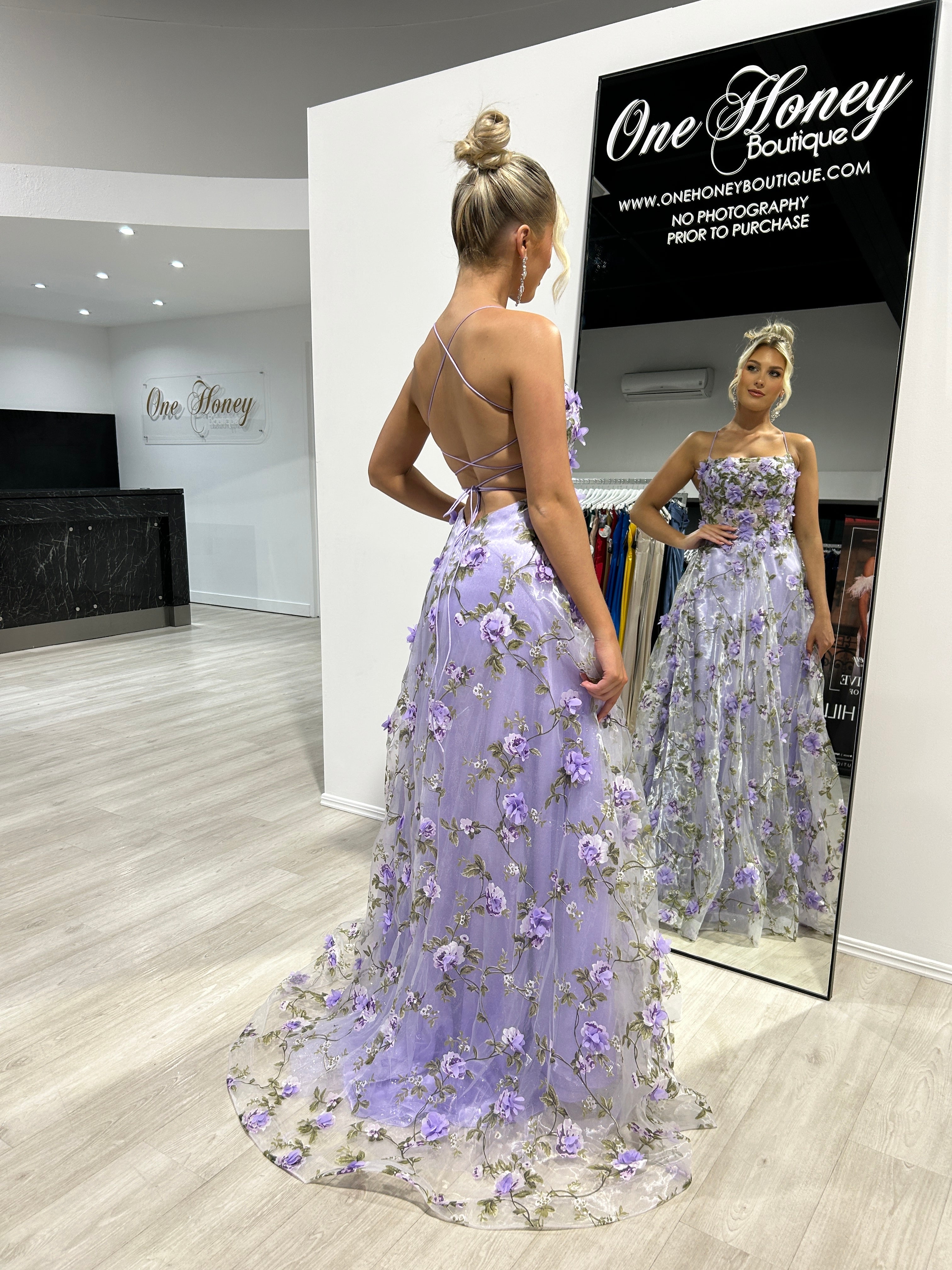 PORTAFINA Floral Pattern Corset Lace Up A-Line Gown in lilac with dimensional appliqués, evening gown, Brisbane to Gold Coast.