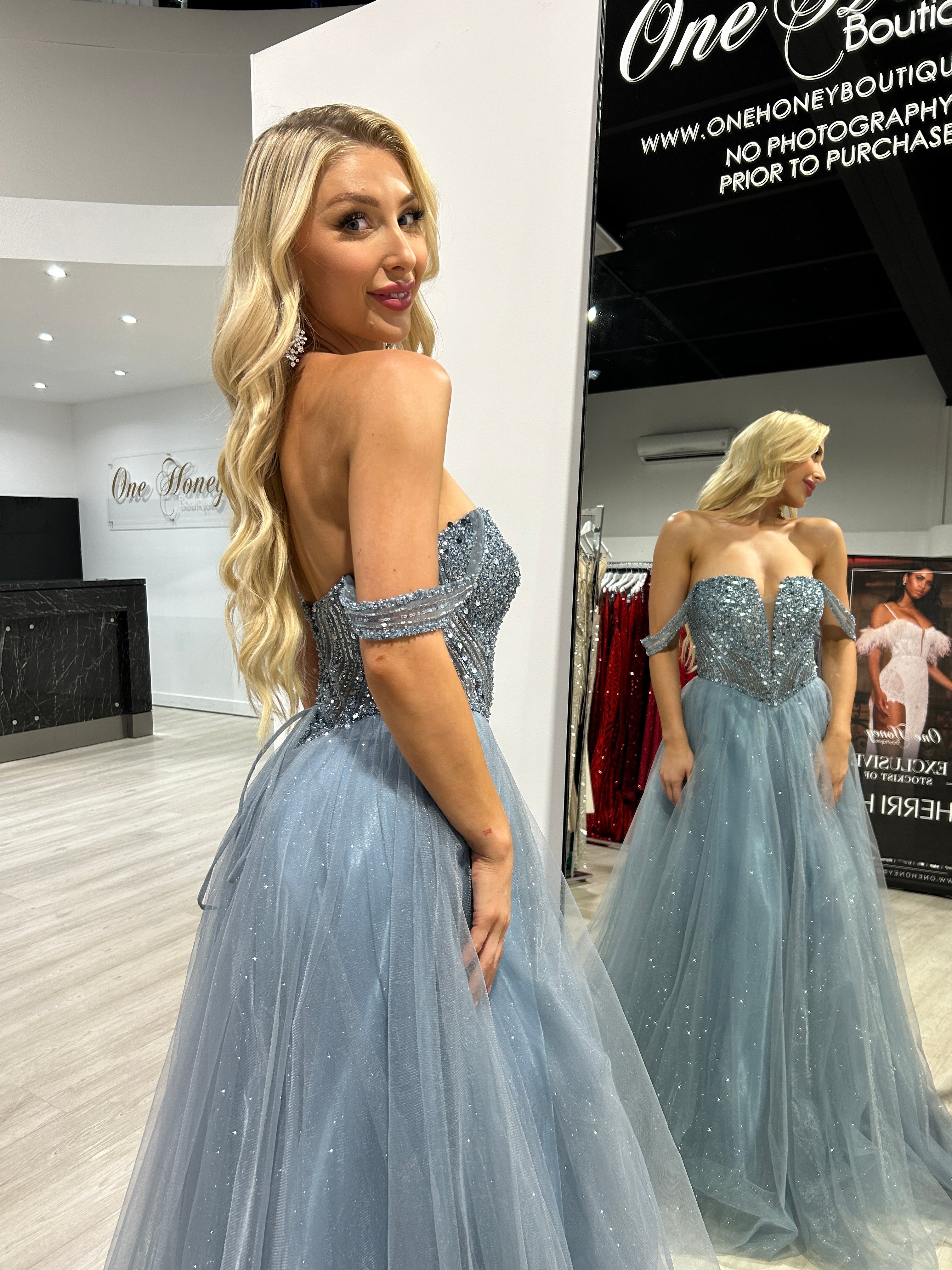 LEIA strapless bustier tulle ball gown with sequin bodice and lace-up corset back, perfect prom dress from Brisbane to Gold Coast.