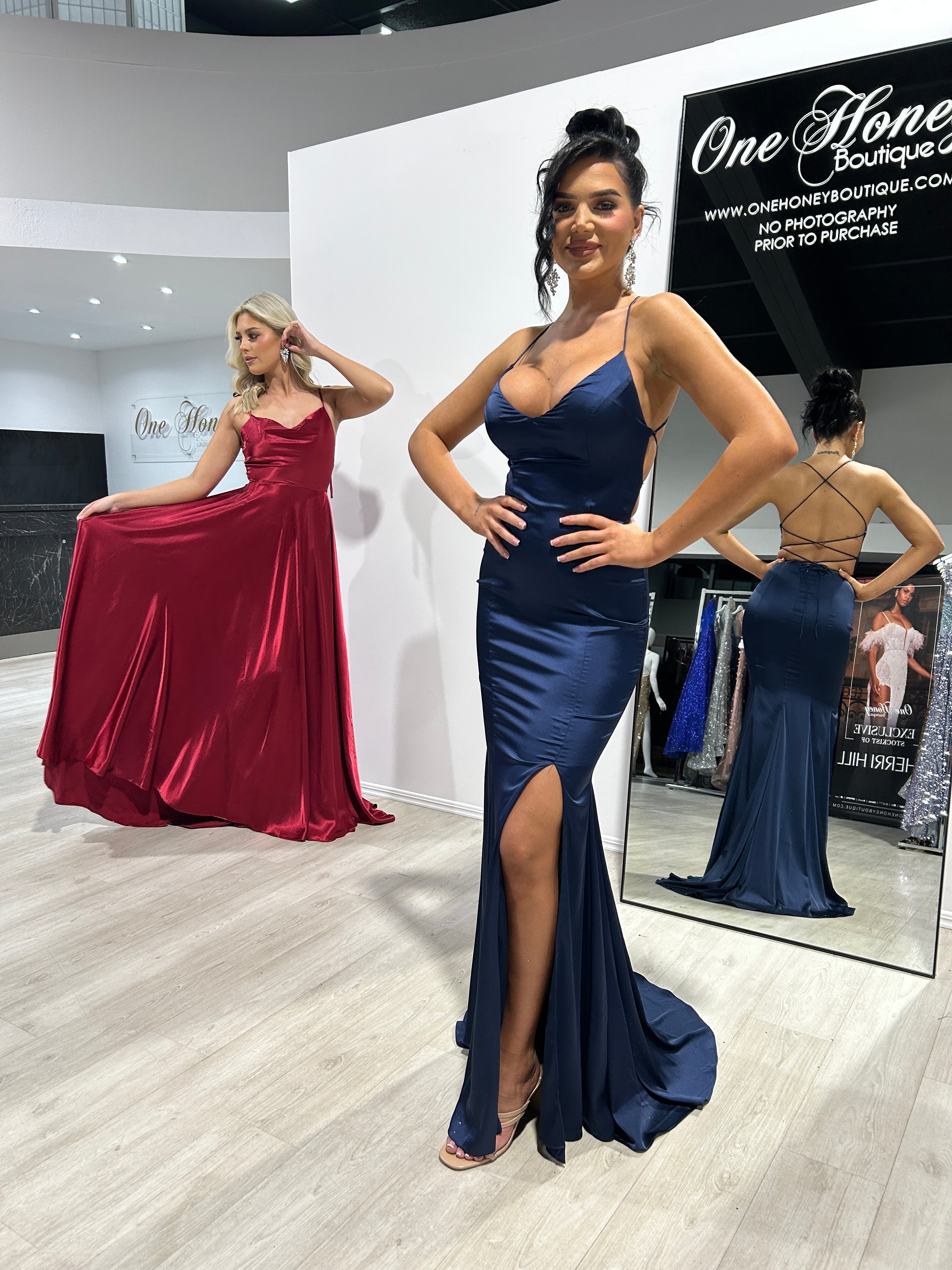 XENA blue silky tie-up formal dress with adjustable spaghetti ties, cowl neckline, and slit; perfect for proms or formal events in Brisbane to Gold Coast.