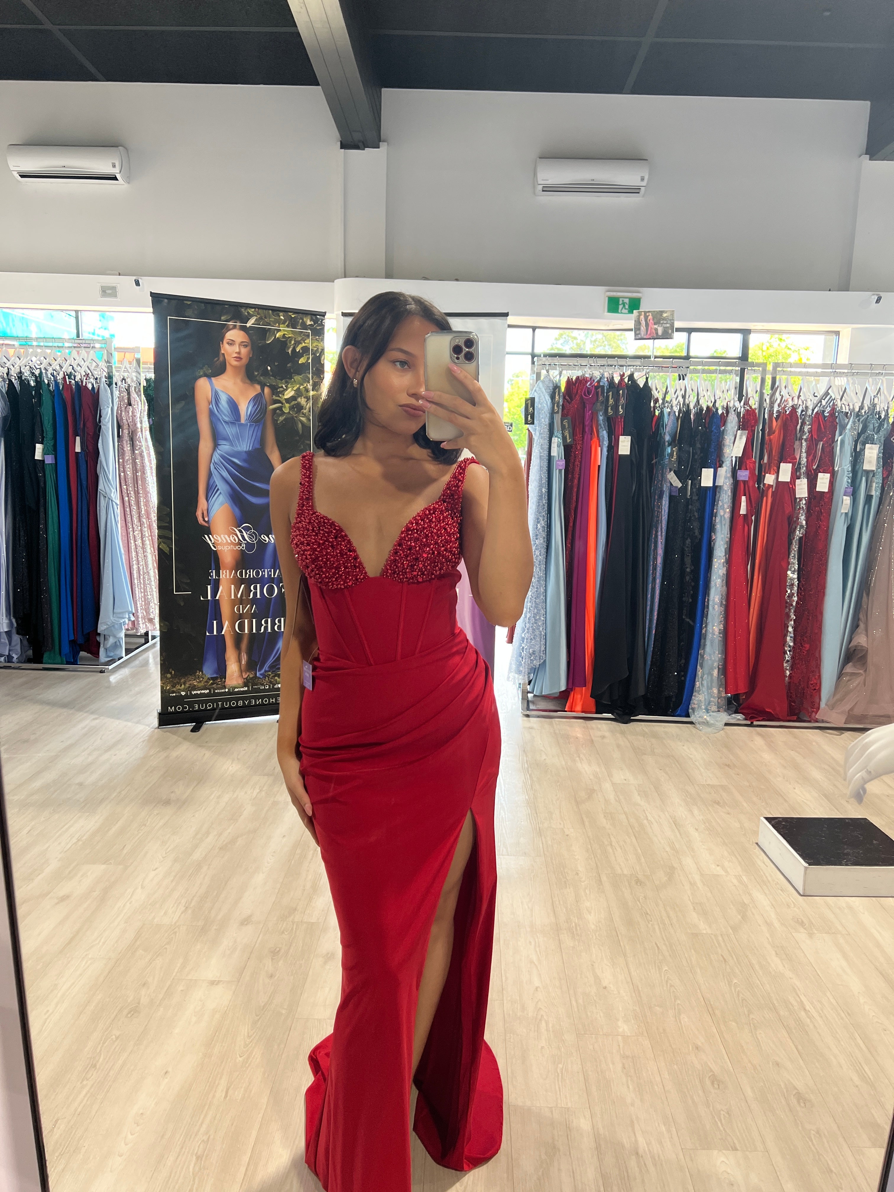 ELVIE Deep V Beaded Bustier Boned Waist Prom Dress with slit, fit for Brisbane to Gold Coast Australia celebrations.
