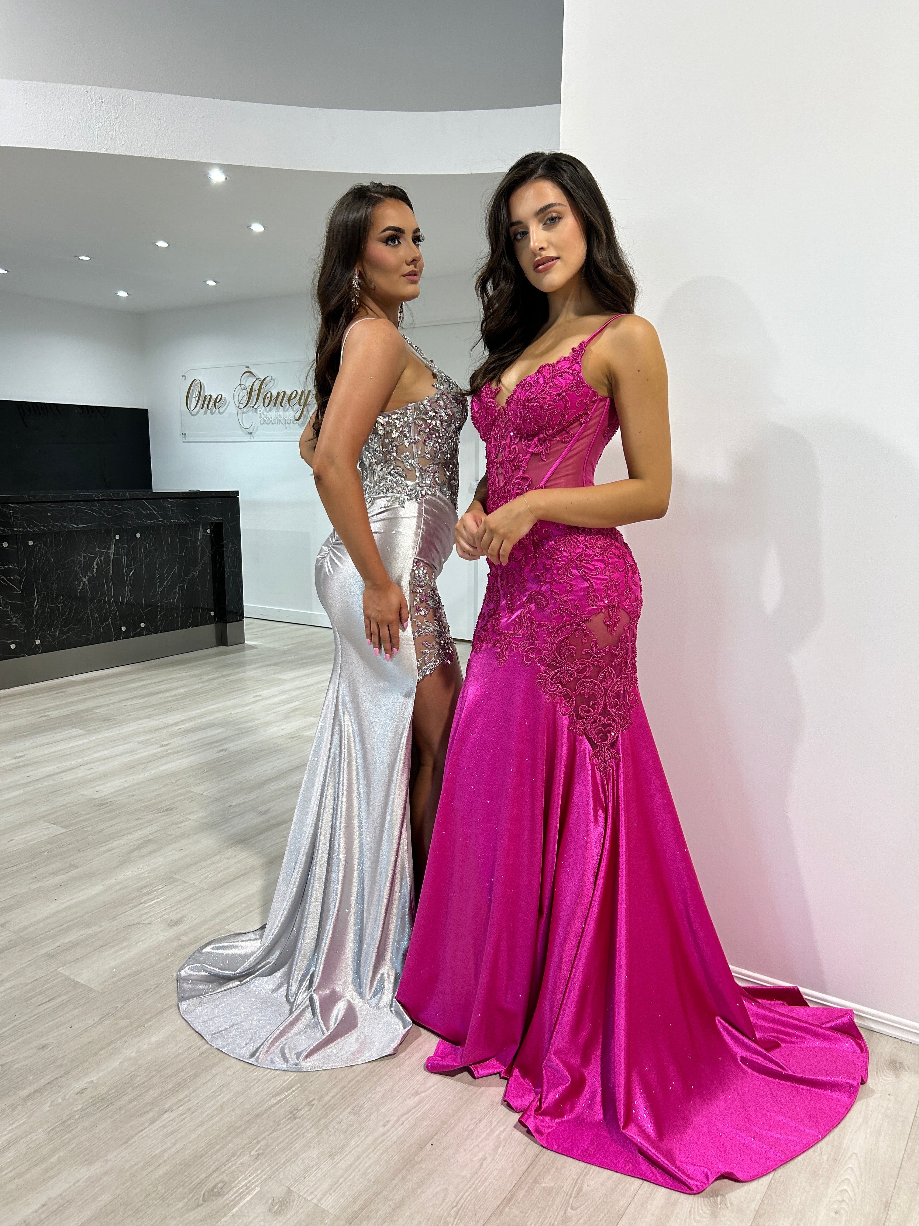 Two women in elegant floor-length gowns; one in silver with a glitter bodice, and the other in pink with lace details, posing indoors.