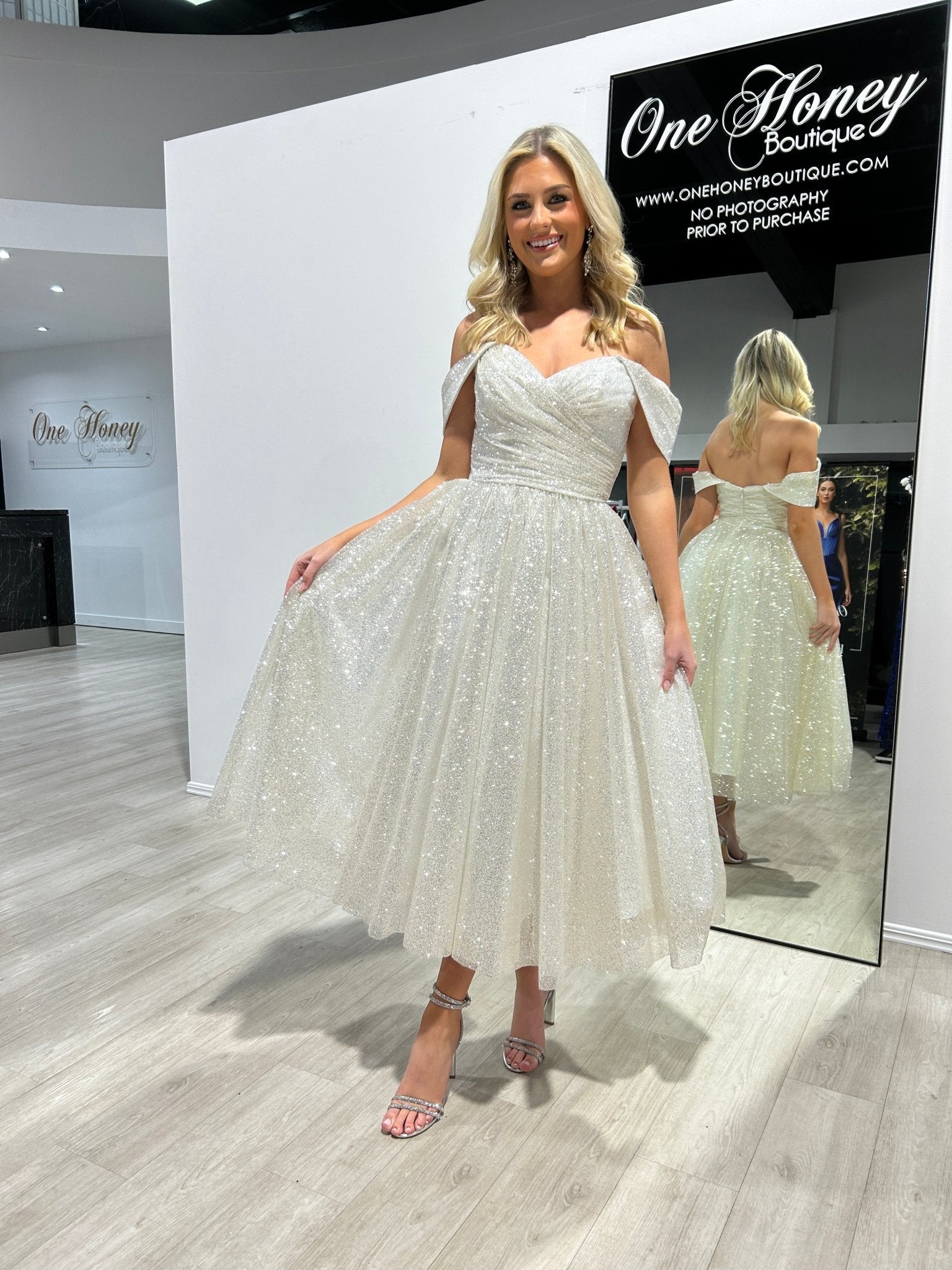 Honey Couture ALINA Off White Glitter Tea Length Off The Shoulder Ball Honey Couture ALINA Off White Glitter Tea Length Off The Shoulder Ball