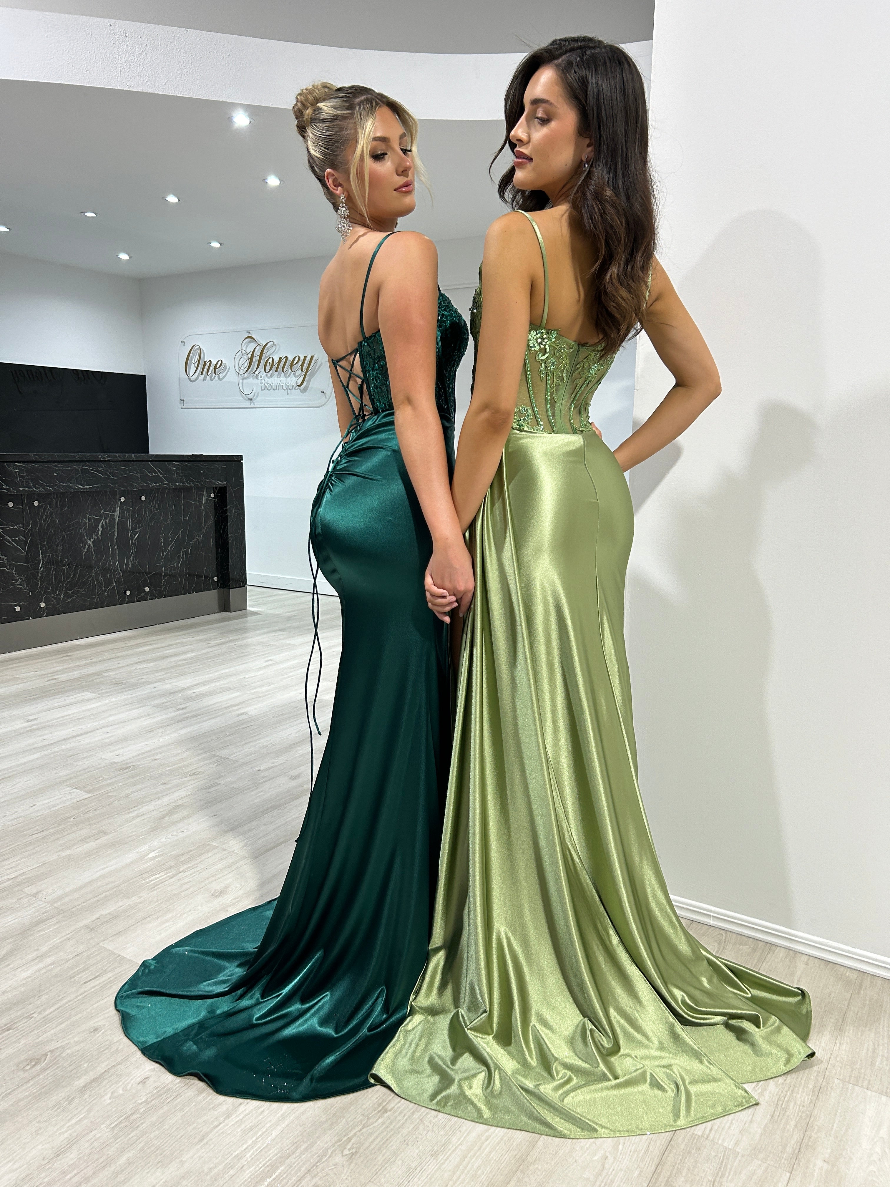 Honey Couture STERLING Greenery Embellished Corset Satin Mermaid Formal Dress