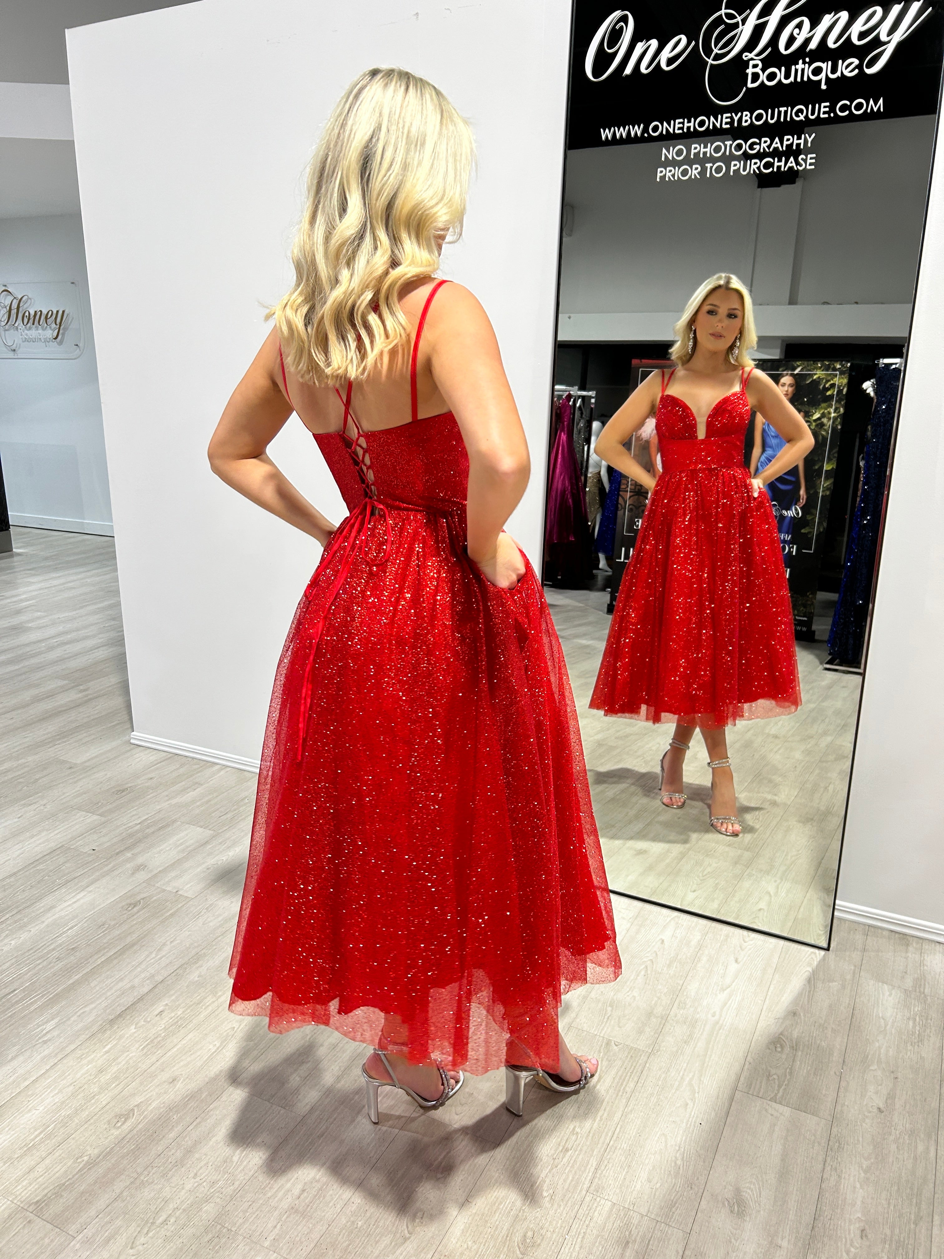 CAM Glitter Tea Length Ball Gown Corset Midi Dress with glitter bodice and tulle skirt, perfect for evening events. Brisbane to Gold Coast.