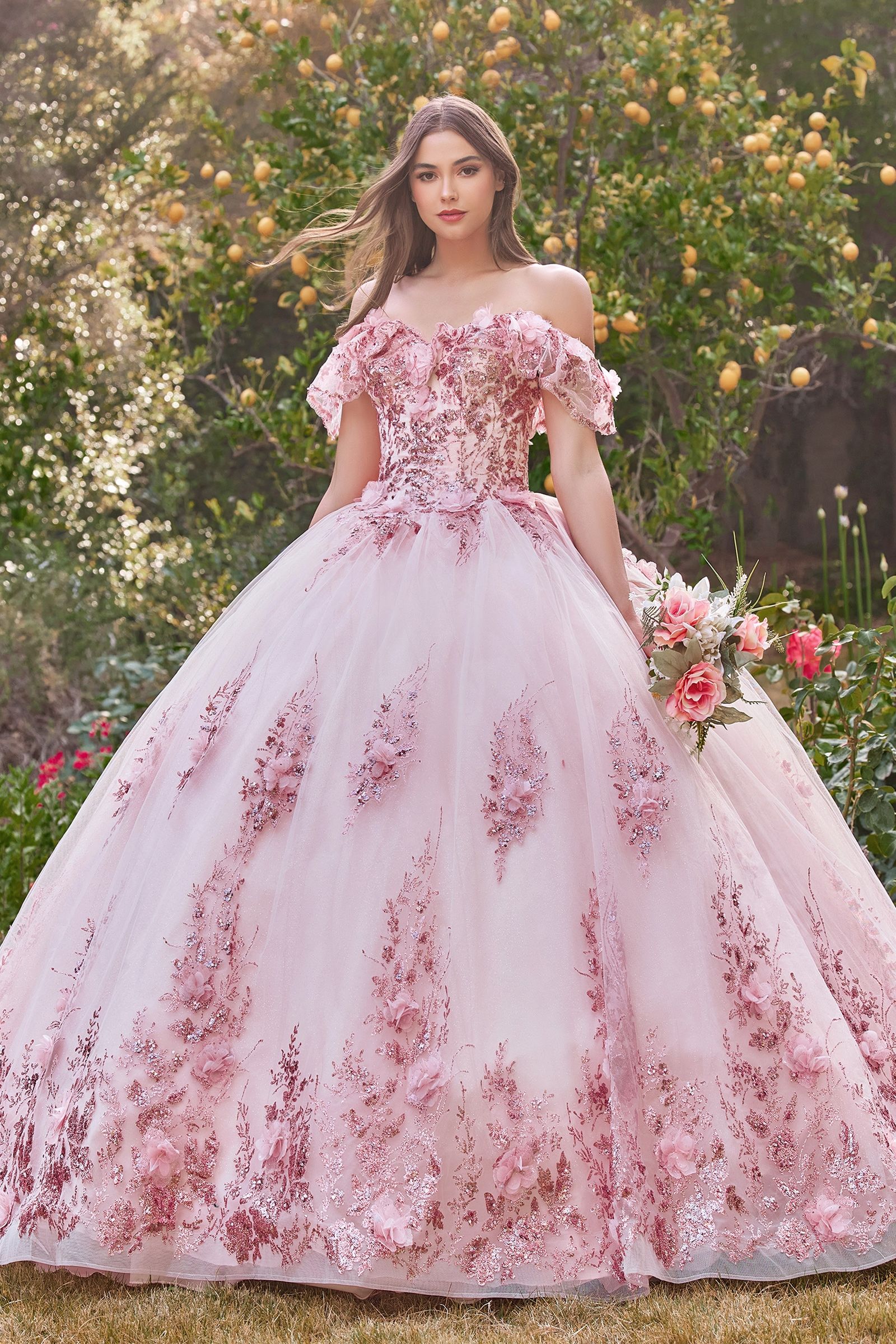 CELESTINA off-shoulder sequin quinceañera gown with floral appliques, glitter tulle skirt. Brisbane to Gold Coast, Australia