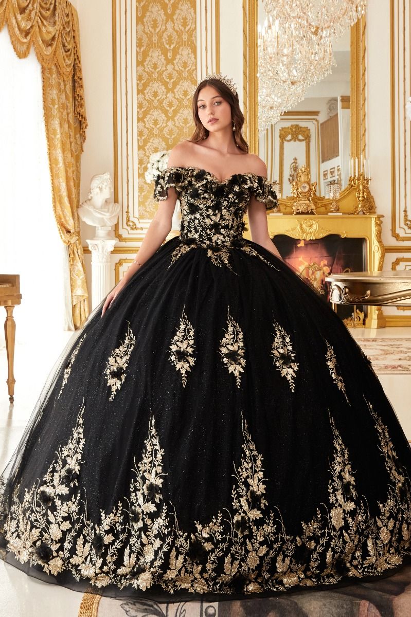 CELESTINA off shoulder embroidered bodice quinceañera ball gown in black and gold. Brisbane to Gold Coast, Australia.