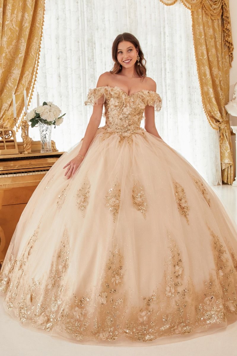 CELESTINA off-shoulder sequin quinceañera ball gown with floral appliques and glitter tulle skirt, Brisbane to Gold Coast, Australia
