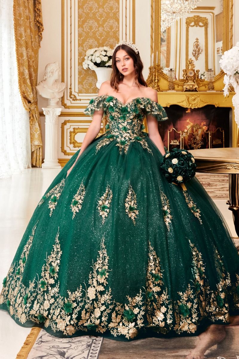 CELESTINA Off Shoulder Sequin Tulle Quinceañera Ball Gown with floral appliques, capturing fairytale elegance. Brisbane to Gold Coast.