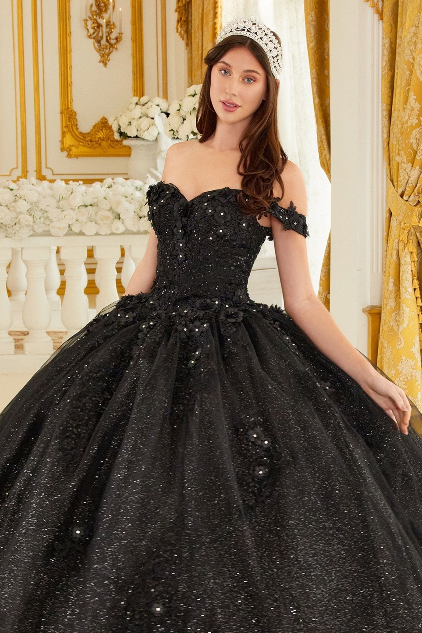 CATALISSE Floral Glitter Applique Quinceañera Ball Gown Dress in Australia | One Honey Boutique