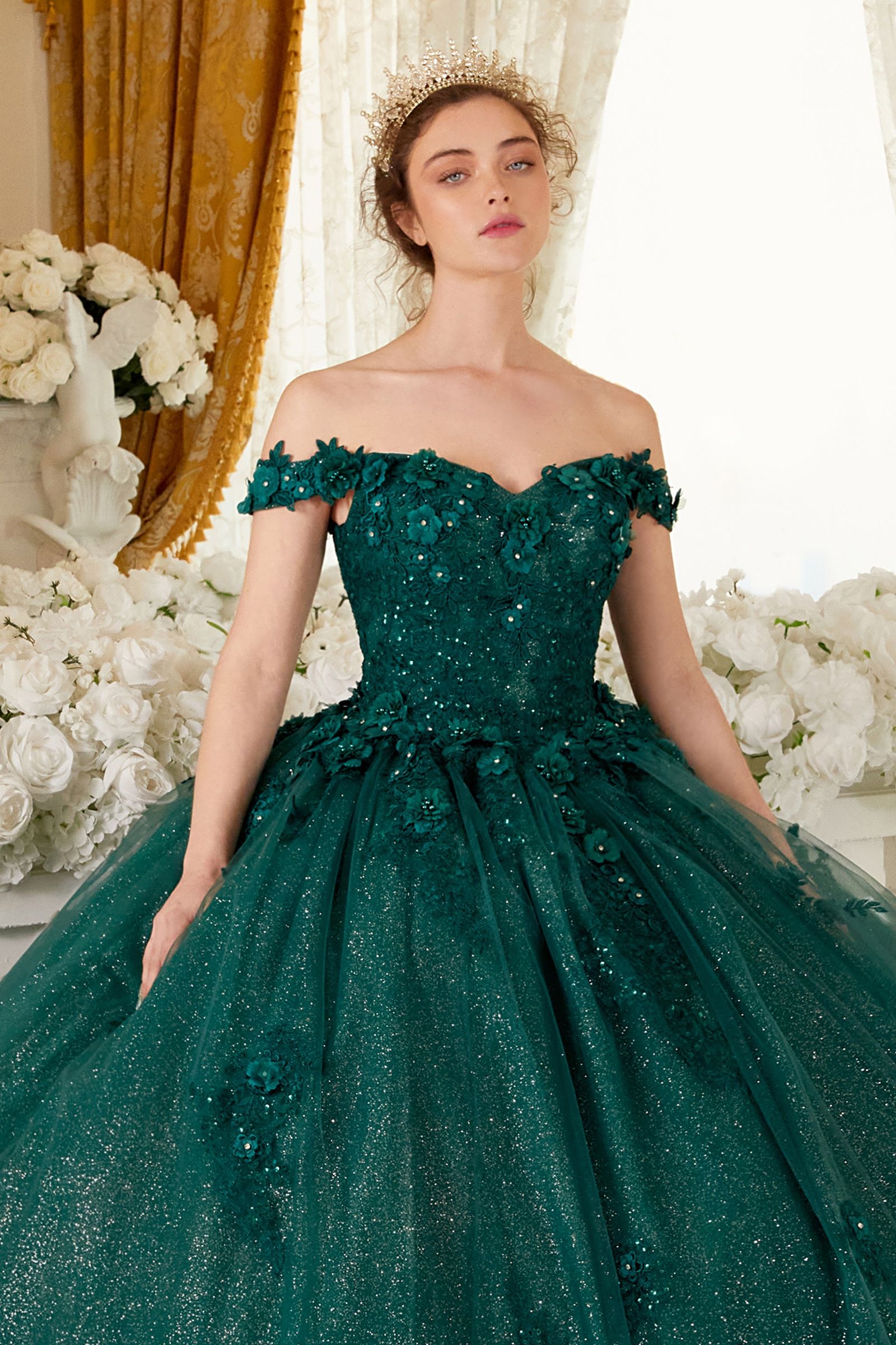 CATALISSE Floral Glitter Applique Quinceañera Dress with lace bodice, ball gown style. Brisbane to Gold Coast, Australia.