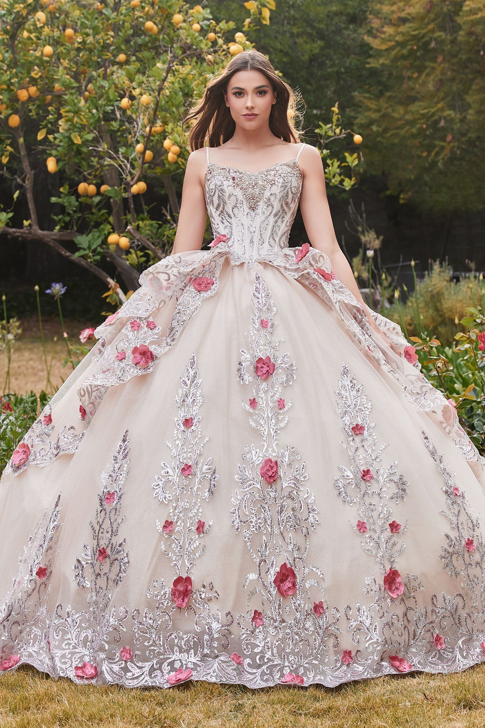 DAHLIANA Sheer Lace Layered quinceañera ball gown, featuring a floral embroidered bodice and tiered skirt. Brisbane to Gold Coast.