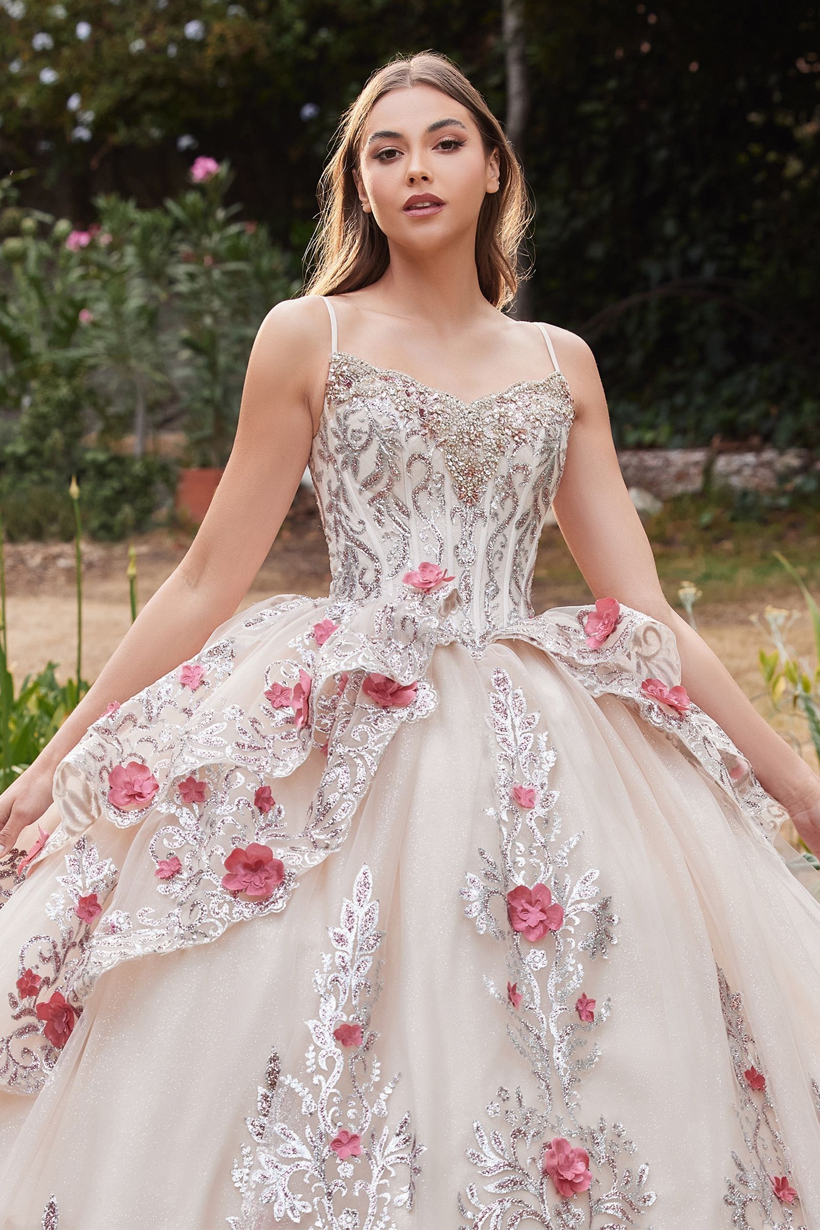DAHLIANA Sheer Lace Quinceañera Ball Gown with floral details, lace bodice. Brisbane to Gold Coast, Australia.