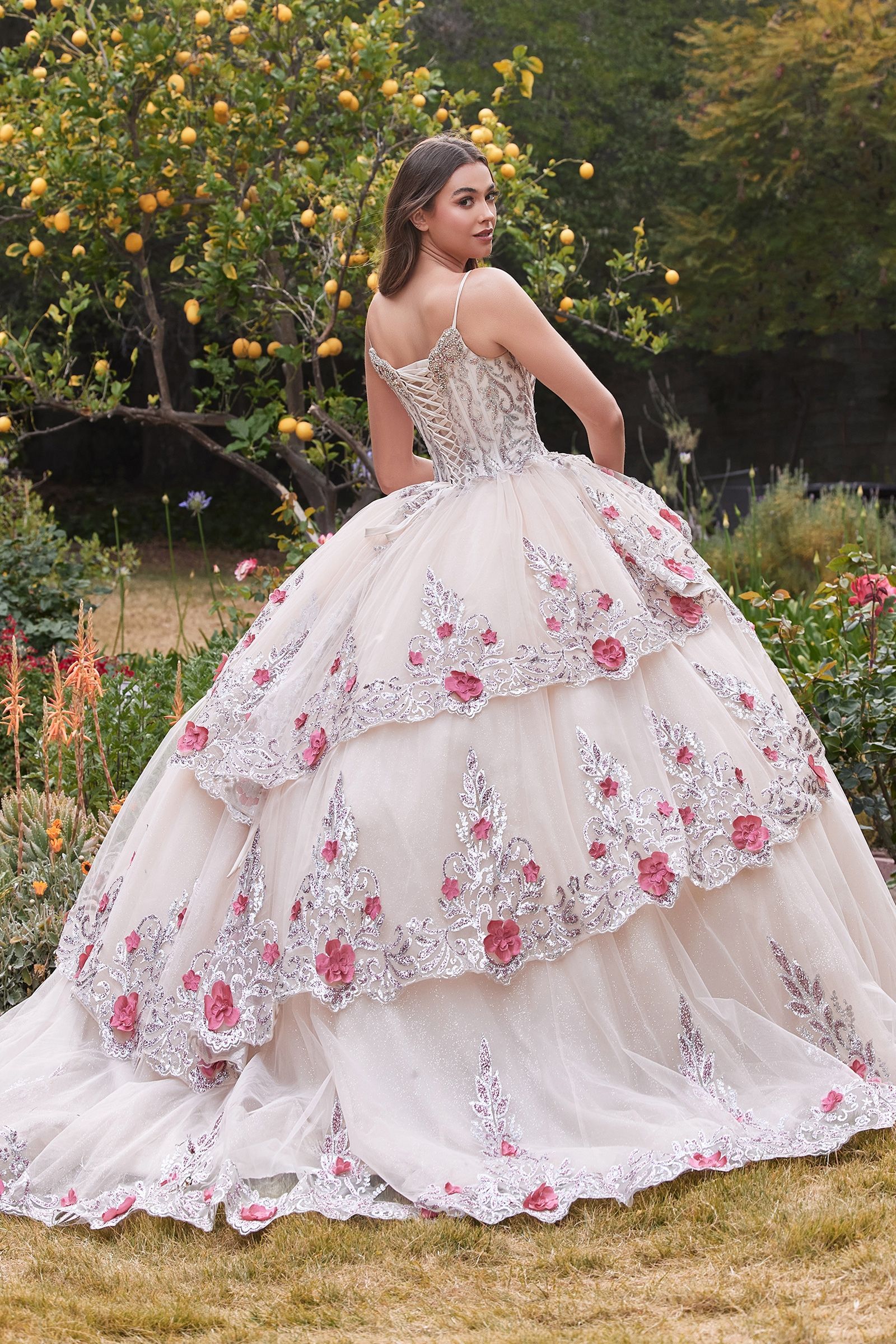 DAHLIANA Sheer Lace QUINCEAÑERA Ball Gown with tiered floral layers and lace-up corset back. Brisbane to Gold Coast, Australia.