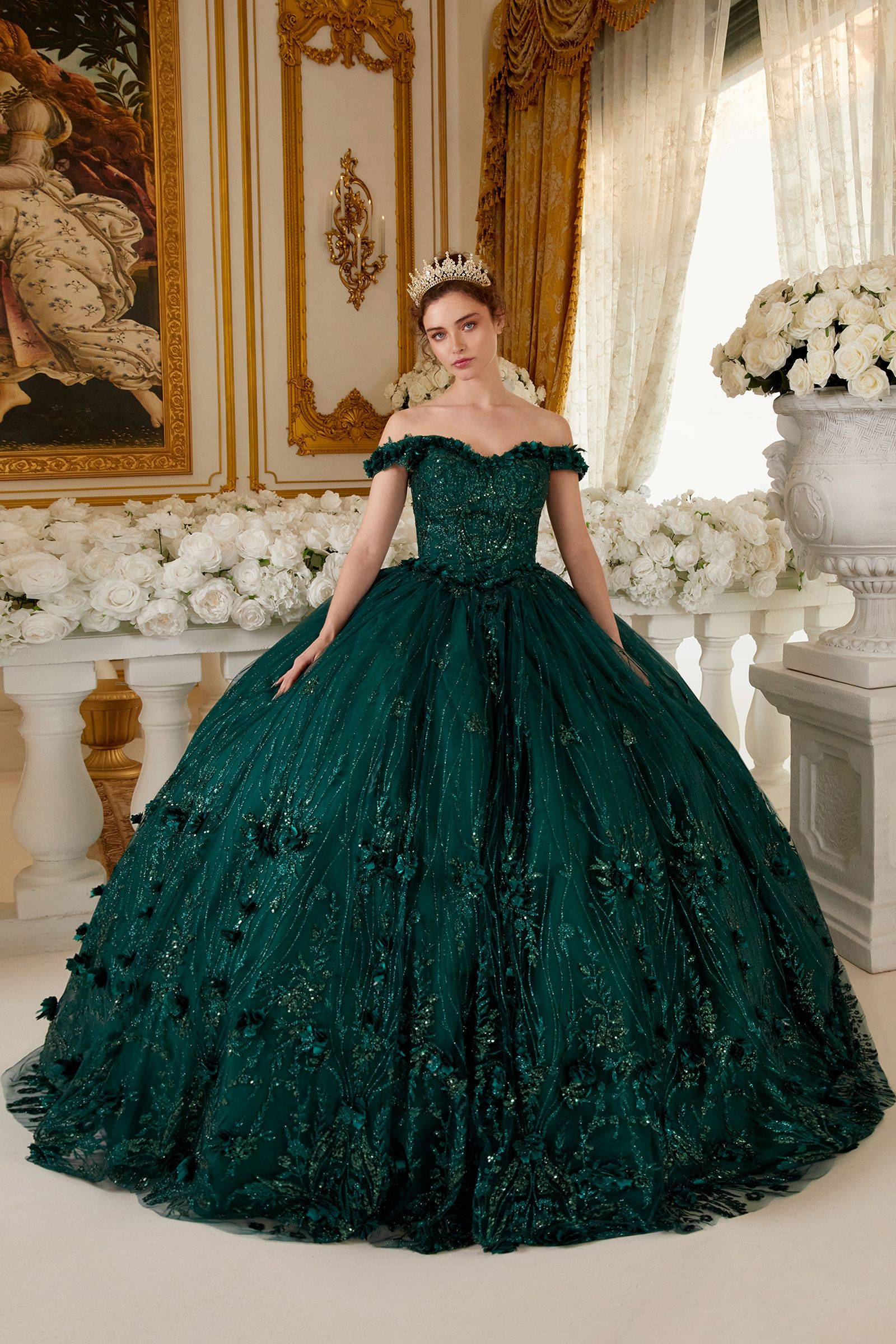 CLARALINA Off Shoulder Floral Applique Quinceañera Ball Gown with layered glitter tulle. Brisbane to Gold Coast.