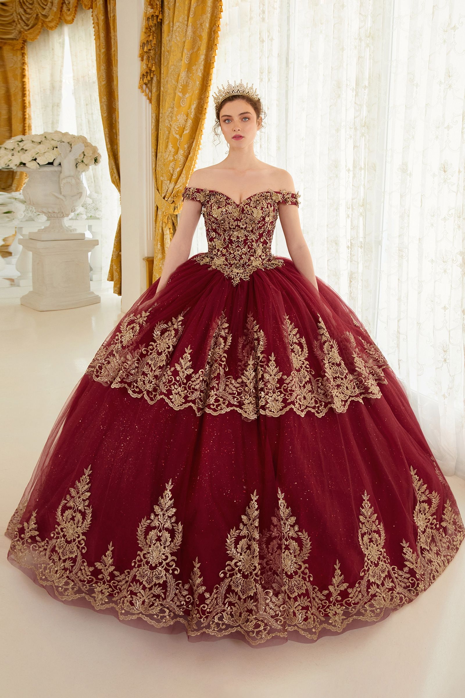 NOELLETH Gold Lace & Tulle Quinceañera Ball Gown with off-the-shoulder neckline, Brisbane to Gold Coast