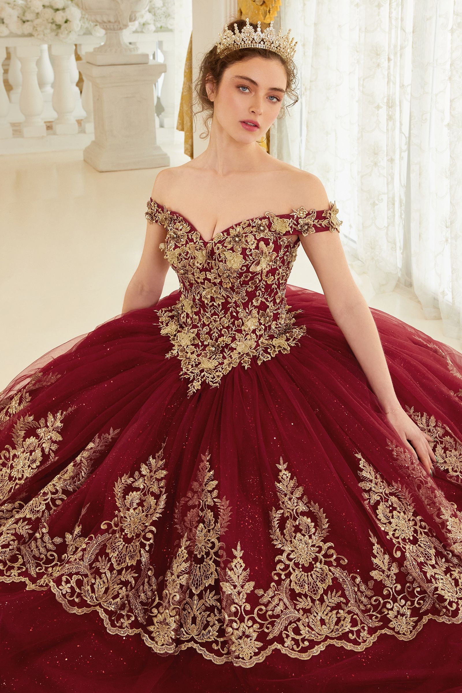 NOELLETH Gold Lace & Tulle Quinceañera Ball Gown with off-shoulder neckline and intricate lace bodice. Brisbane to Gold Coast.
