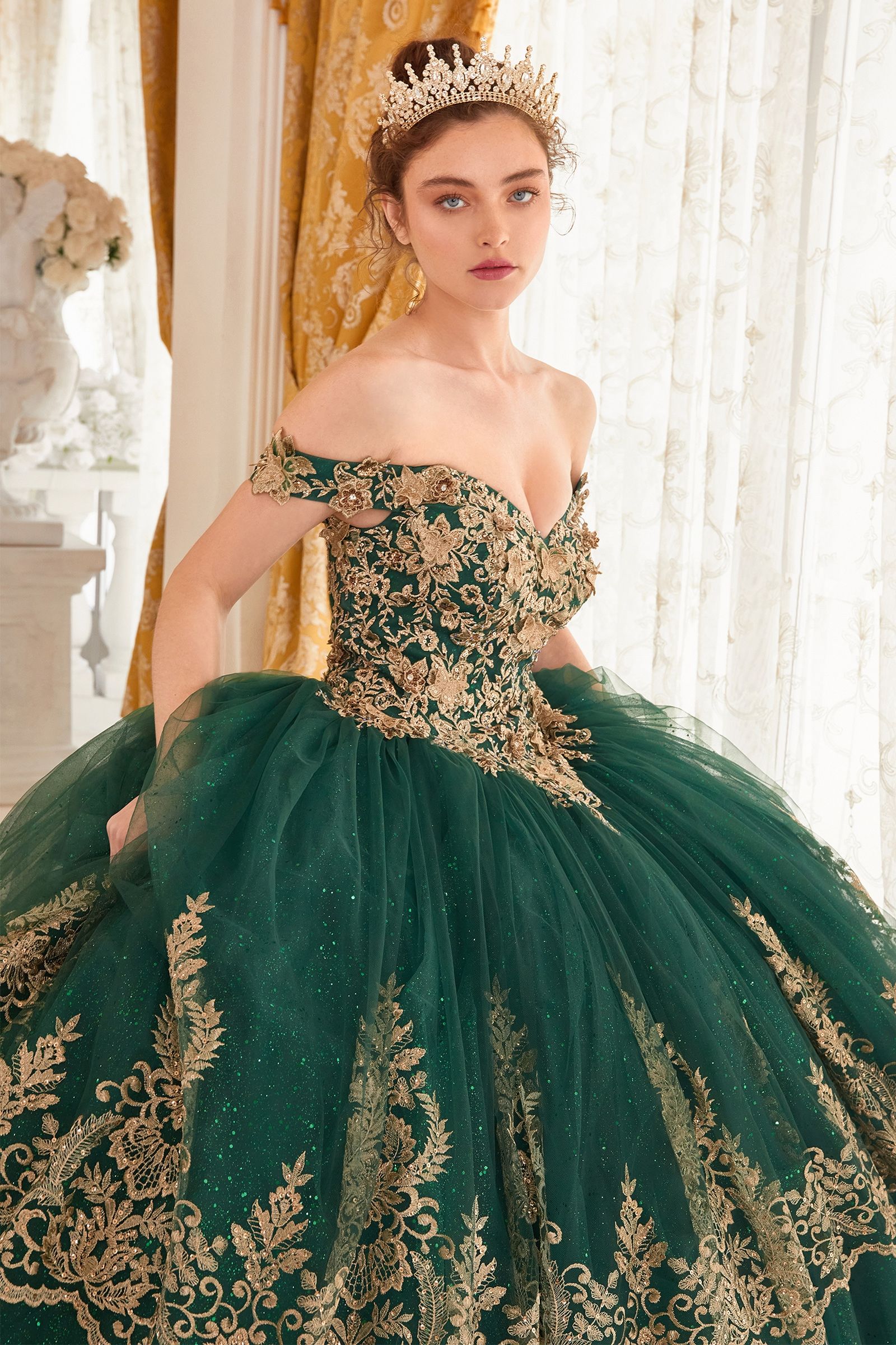 NOELLETH Quinceañera Ball Gown with gold lace bodice, off-the-shoulder sweetheart neckline, Brisbane to Gold Coast, Australia.