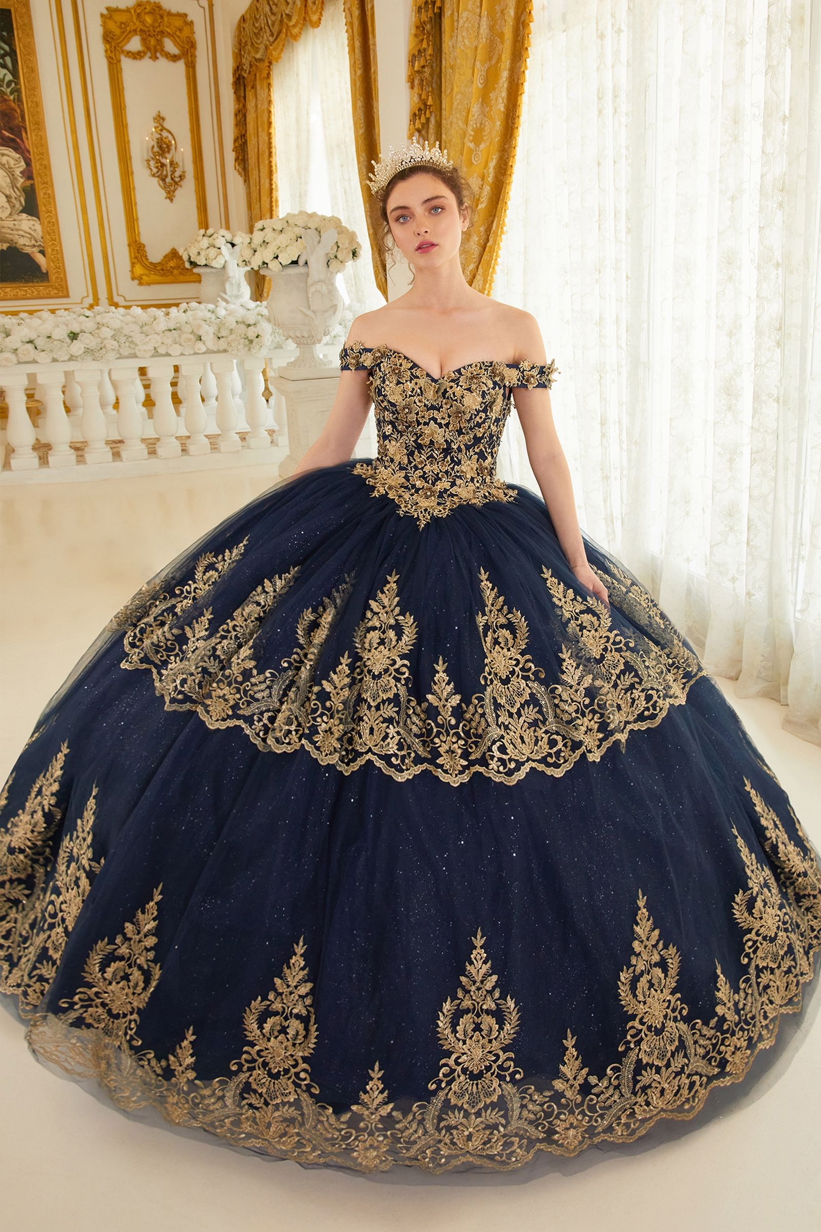 NOELLETH Quinceañera Ball Gown with gold lace bodice and tulle skirt, Brisbane to Gold Coast.
