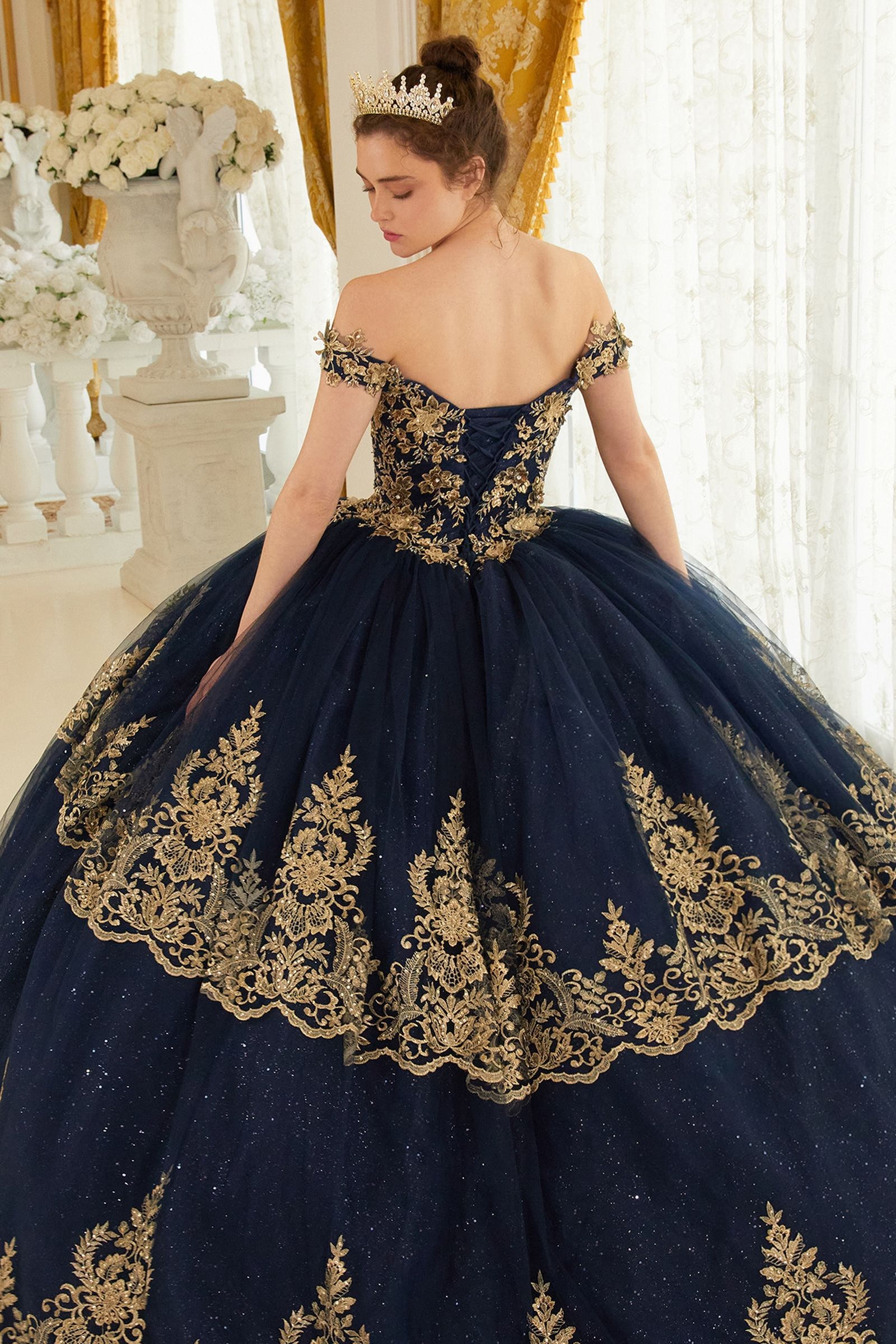 NOELLETH Gold Lace & Tulle Quinceañera Ball Gown Dress with off-the-shoulder neckline and gold lace detail, Brisbane to Gold Coast.