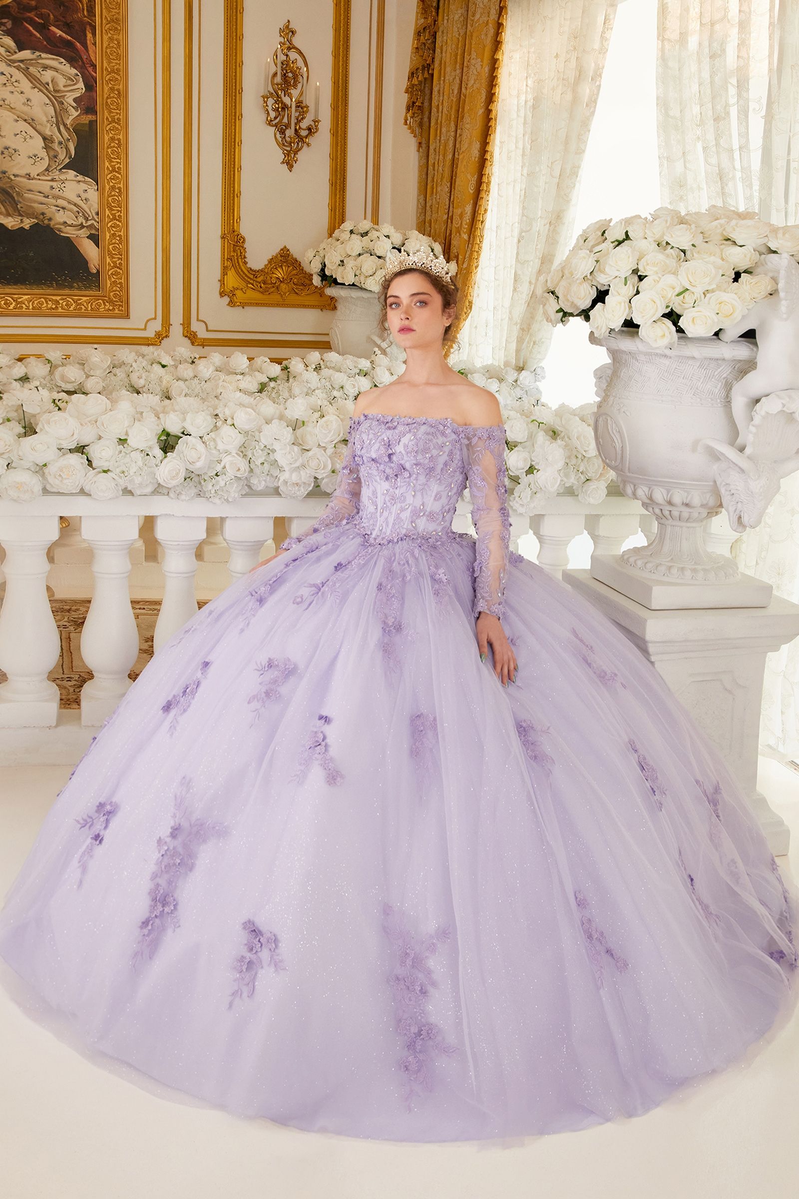 EVELORA Sheer Lace Long Sleeve Quinceañera Ball Gown Dress featuring off-the-shoulder design and floral lace bodice. Brisbane to Gold Coast.