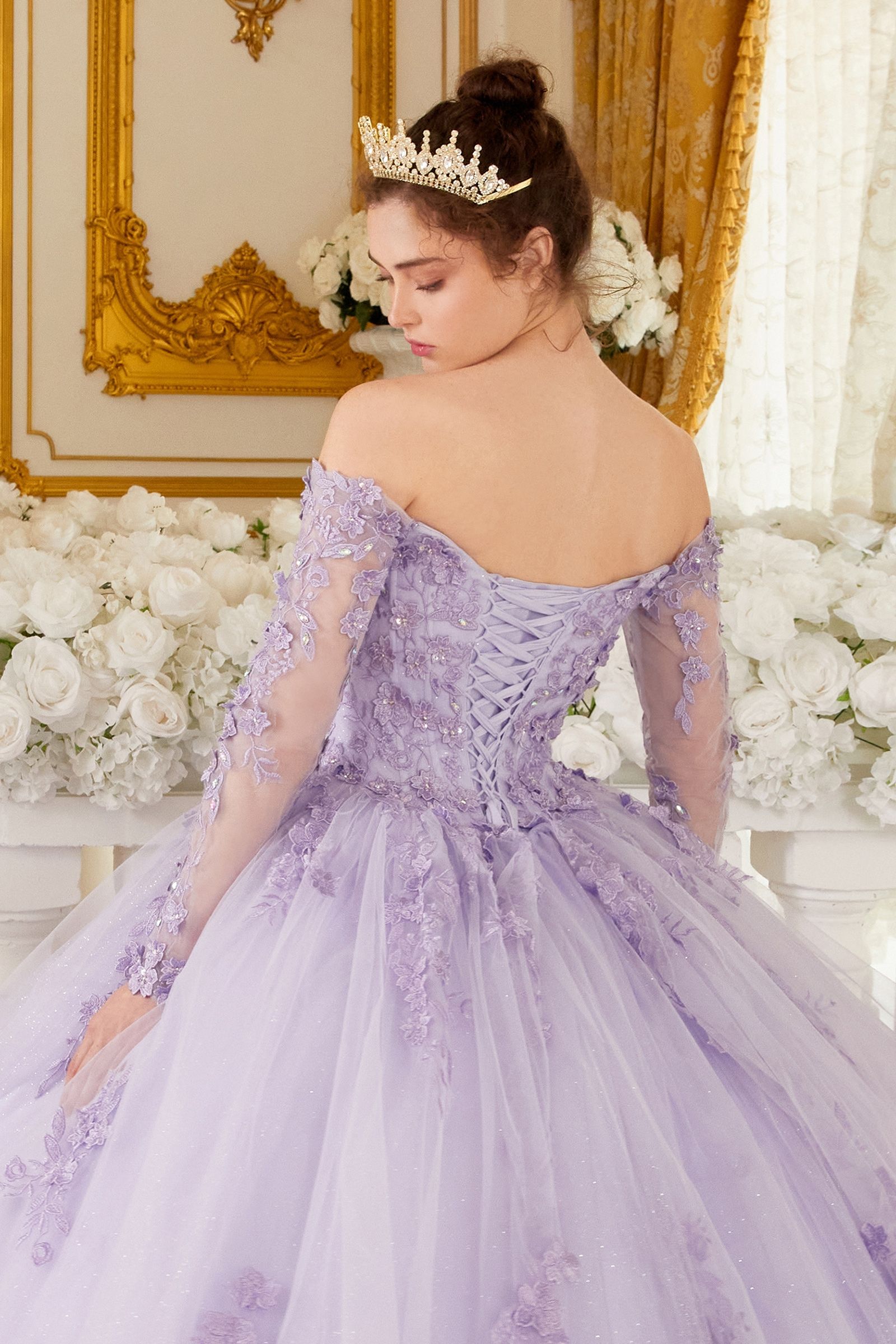 EVELORA Sheer Lace Long Sleeve Quinceañera Ball Gown with off-shoulder design, lace bodice. Brisbane to Gold Coast, Australia.