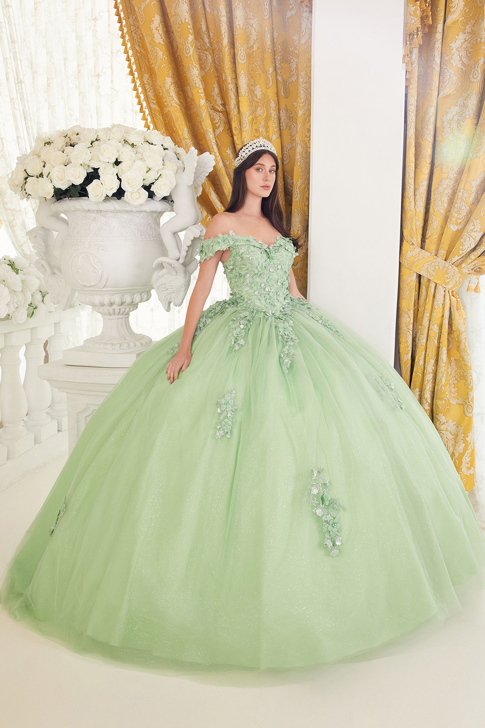 ANEMARIE Off Shoulder Floral Lace Quinceañera Ball Gown with Sweetheart Neckline, elegant princess design. Brisbane to Gold Coast.