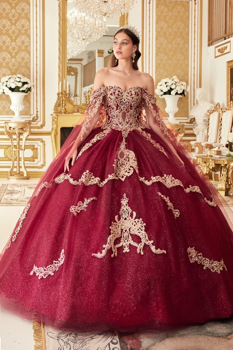 AMELISSE Off Shoulder Tulle & Glitter Quinceañera Ball Gown with gold lace applique bodice. Brisbane to Gold Coast.
