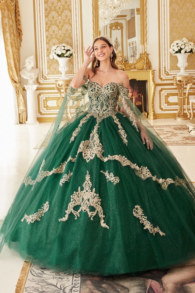 AMELISSE Off Shoulder Tulle Glitter Quinceañera Ball Gown with gold lace bodice, Brisbane to Gold Coast, Australia