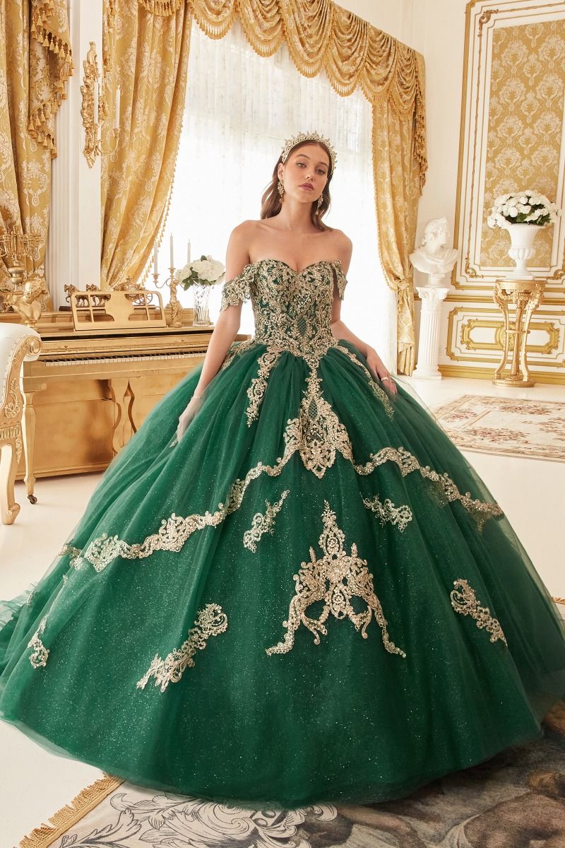 AMELISSE off shoulder quinceañera gown with gold lace bodice and tulle skirt, Brisbane to Gold Coast, Australia.