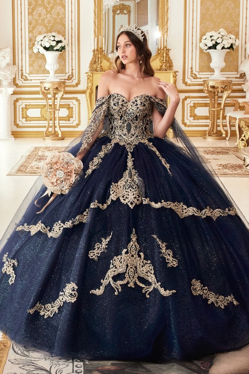 AMELISSE Off Shoulder Tulle & Glitter Quinceañera Ball Gown Dress with gold lace applique bodice, Brisbane to Gold Coast.