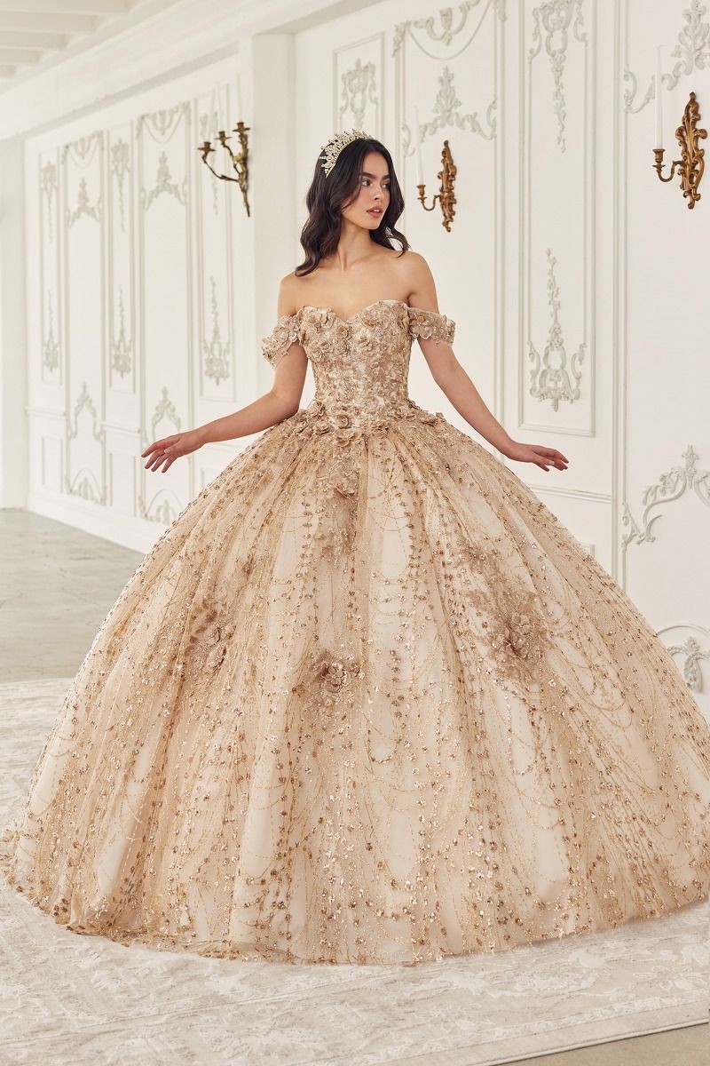 ZARAINE Off Shoulder Glitter Tulle Quinceañera Ball Gown with gold details, shimmering full skirt, Brisbane to Gold Coast, Australia.