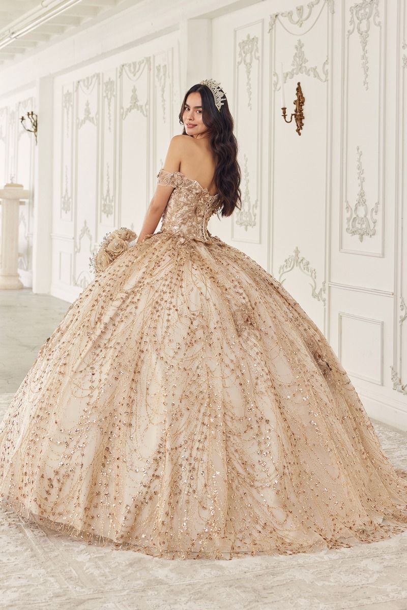 ZARAINE Off Shoulder Glitter Tulle Quinceañera Ball Gown with gold glitter full skirt, princess silhouette, Brisbane to Gold Coast.