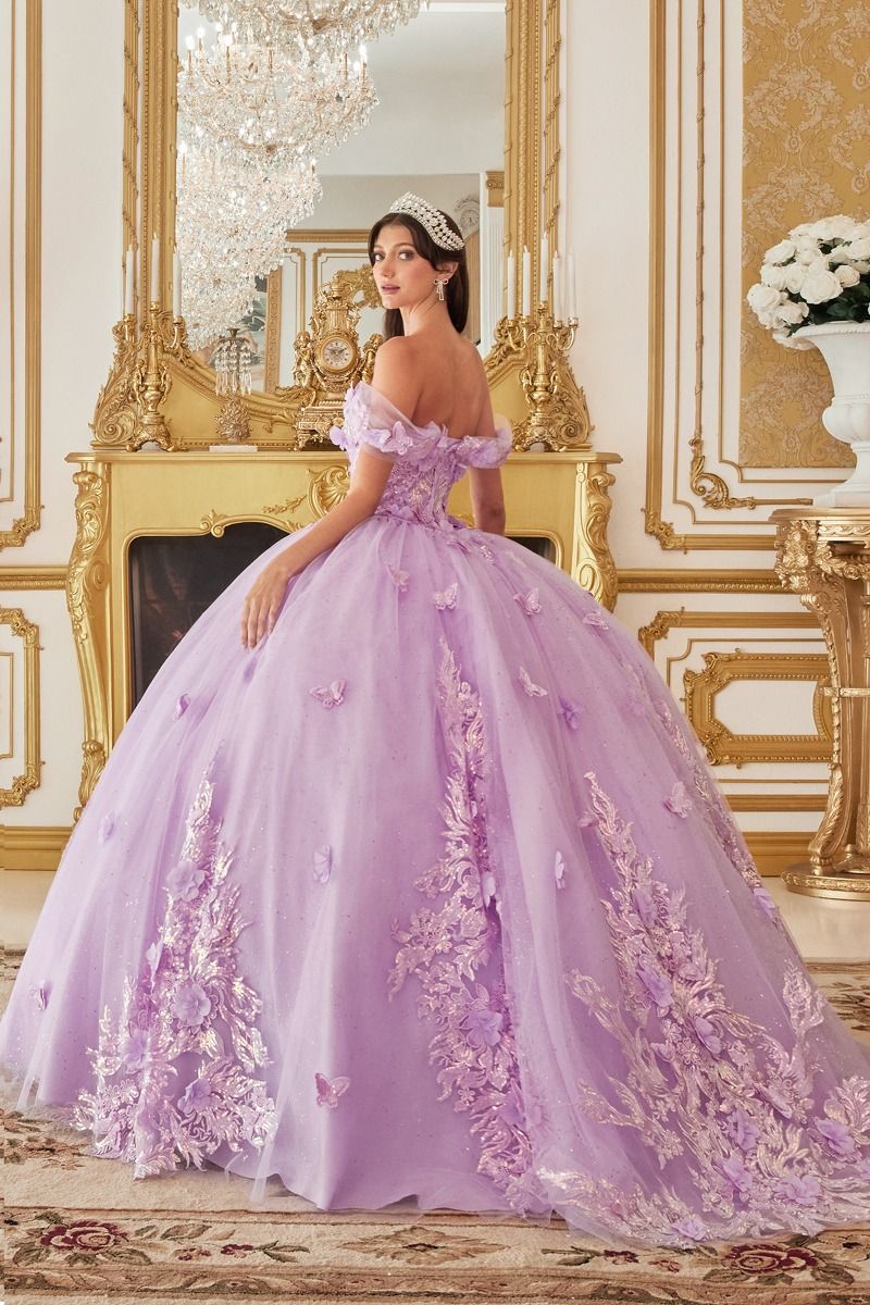 JULIANNA-MARIE Quinceañera gown with lace bodice and butterfly appliques in a lavender tulle ball gown. Brisbane to Gold Coast.