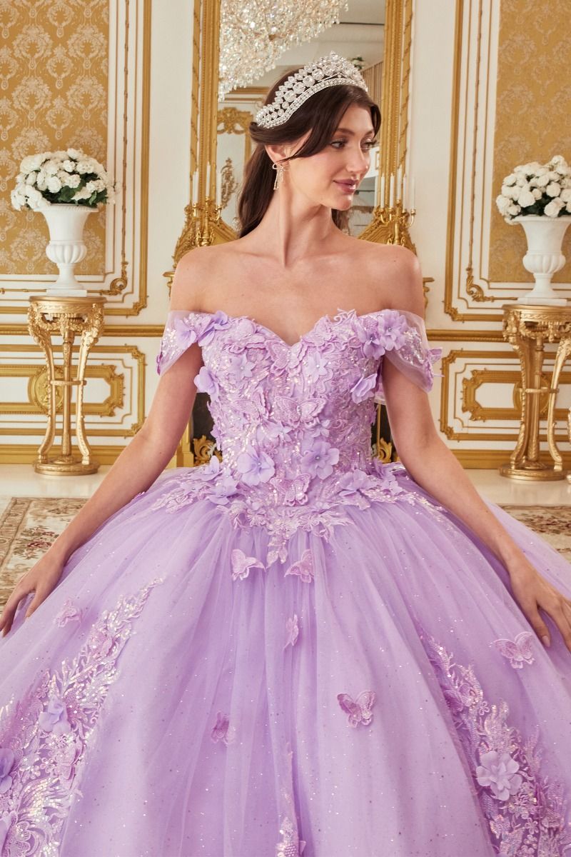 JULIANNA-MARIE beaded butterfly tulle quinceañera ball gown with lace bodice. Off-the-shoulder design. Brisbane to Gold Coast.