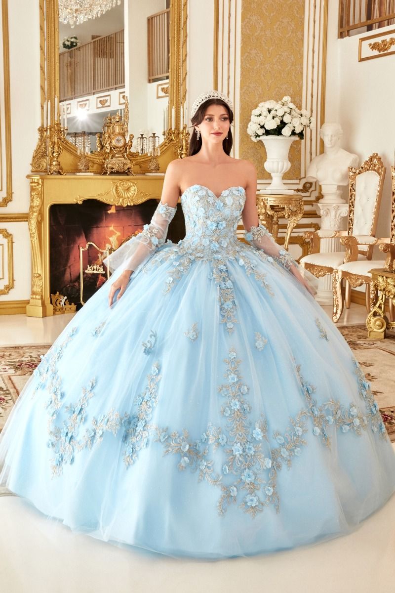 RIALINA Quinceañera ball gown with floral appliques and tulle skirt. Elegant strapless design. Brisbane to Gold Coast.