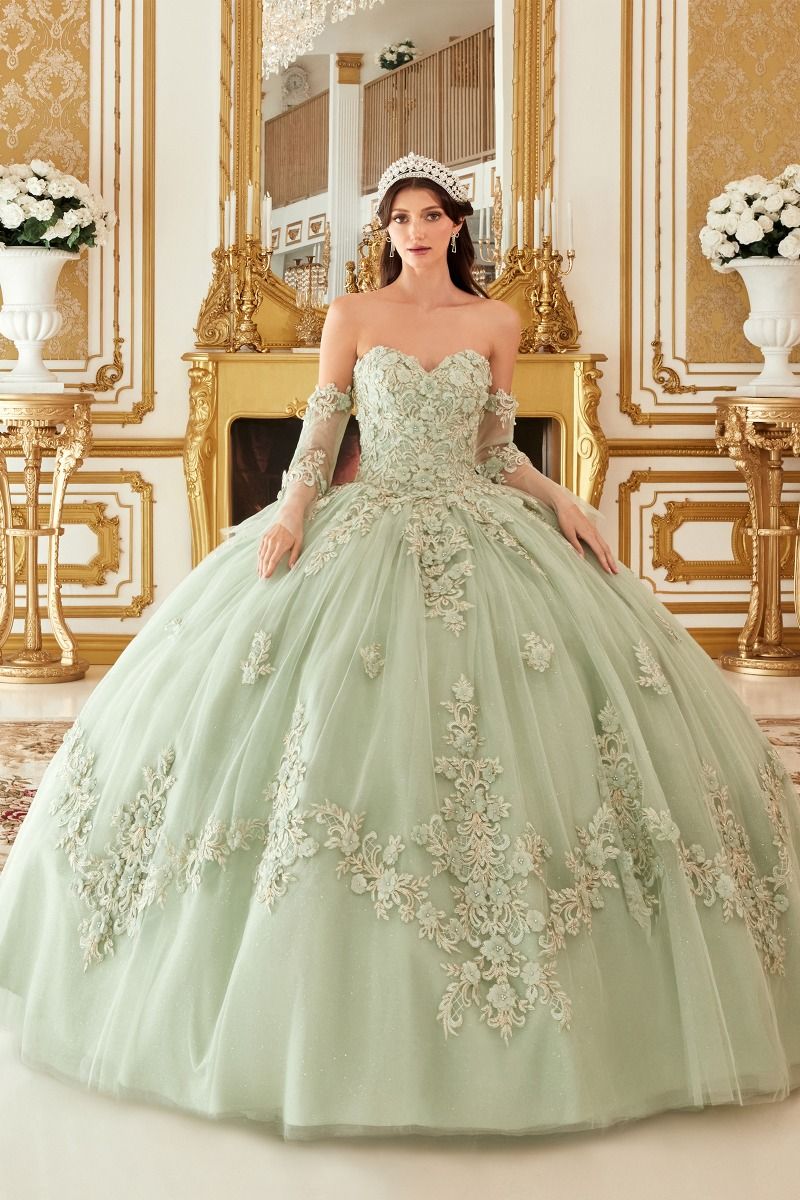 RIALINA Floral Applique Sleeve Quinceañera dress with sweetheart neckline and layered tulle, Brisbane to Gold Coast, Australia.